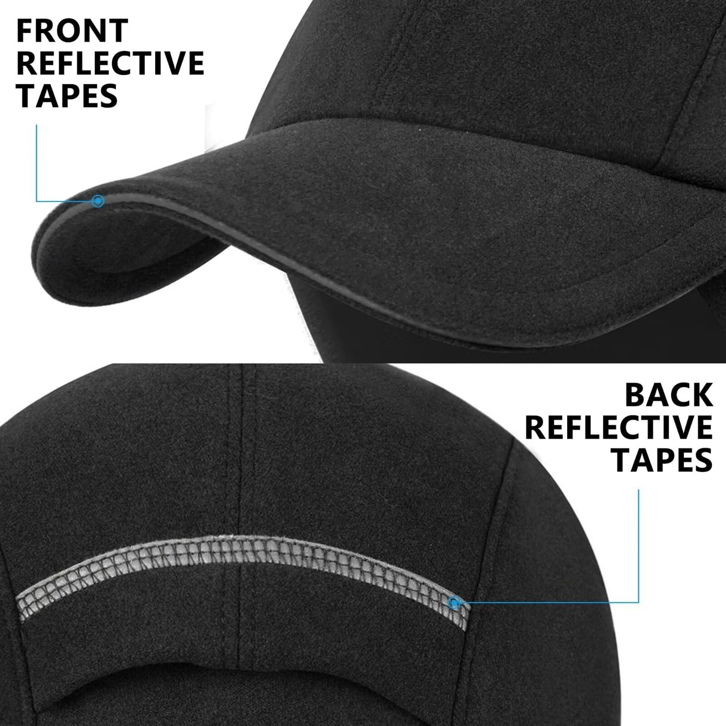 GADIEMKENSD Winter Running Hats Reflective Fleece Ponytail Hat for Women Baseball Caps with Earflap Drop Down Ear Warmer Mens Skull Cap Beanie with Visor Cold Hat for Outdoor Hiking Snow Ski Black