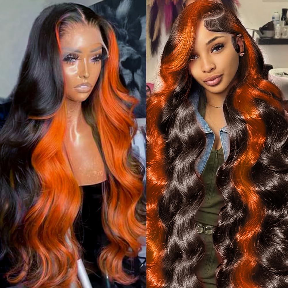 Daphernew 200% Density 13X6 Ginger Lace Front Wigs Human Hair Pre Plucked for Women Ombre 13X6 HD Transparent Ginger Orange wig Glueless Hightlight Lace Front Wigs Human Hair with Baby Hair 34Inch