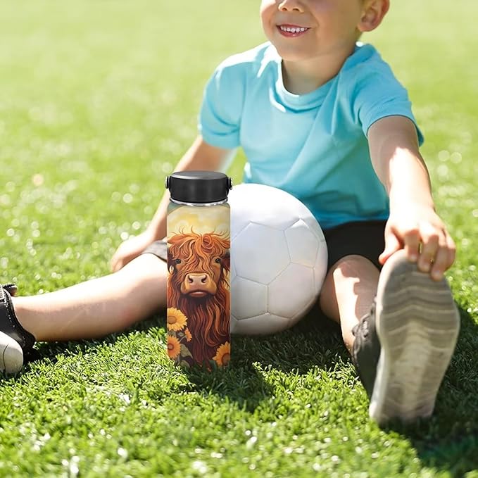 Highland Cattle Sunflower Sports Water Bottle 18 oz Insulated Water Bottle Leak Proof Stainless Steel Gym Bottle Sports Water Cup for Women Thermal Water Bottle