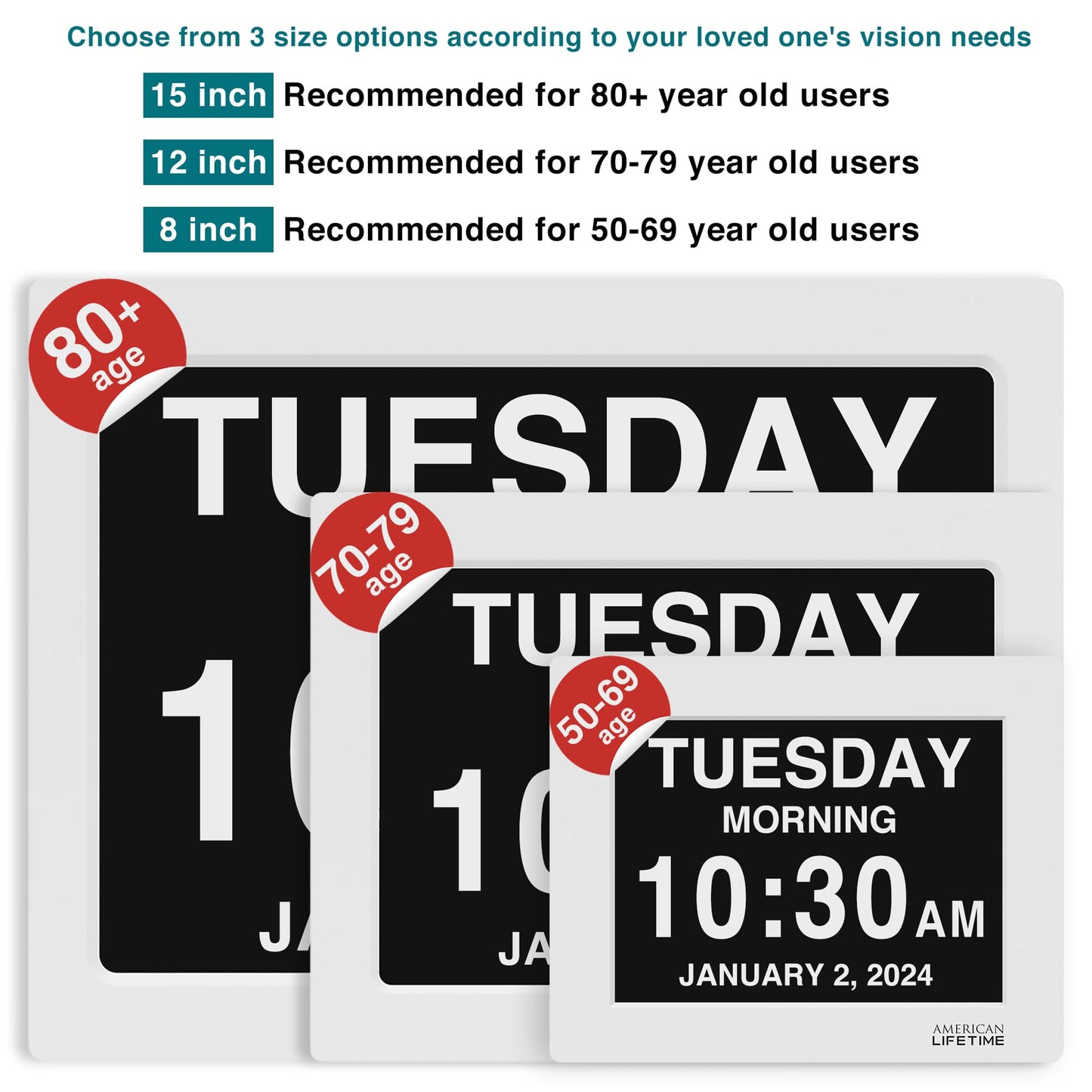 American Lifetime New 2025 Dementia Clock Large Digital Clock for Seniors, Large Display with Custom Alarms, Calendar Clock with Day & Date for Elderly, Clear Numbers Alzheimer Digital Clock White