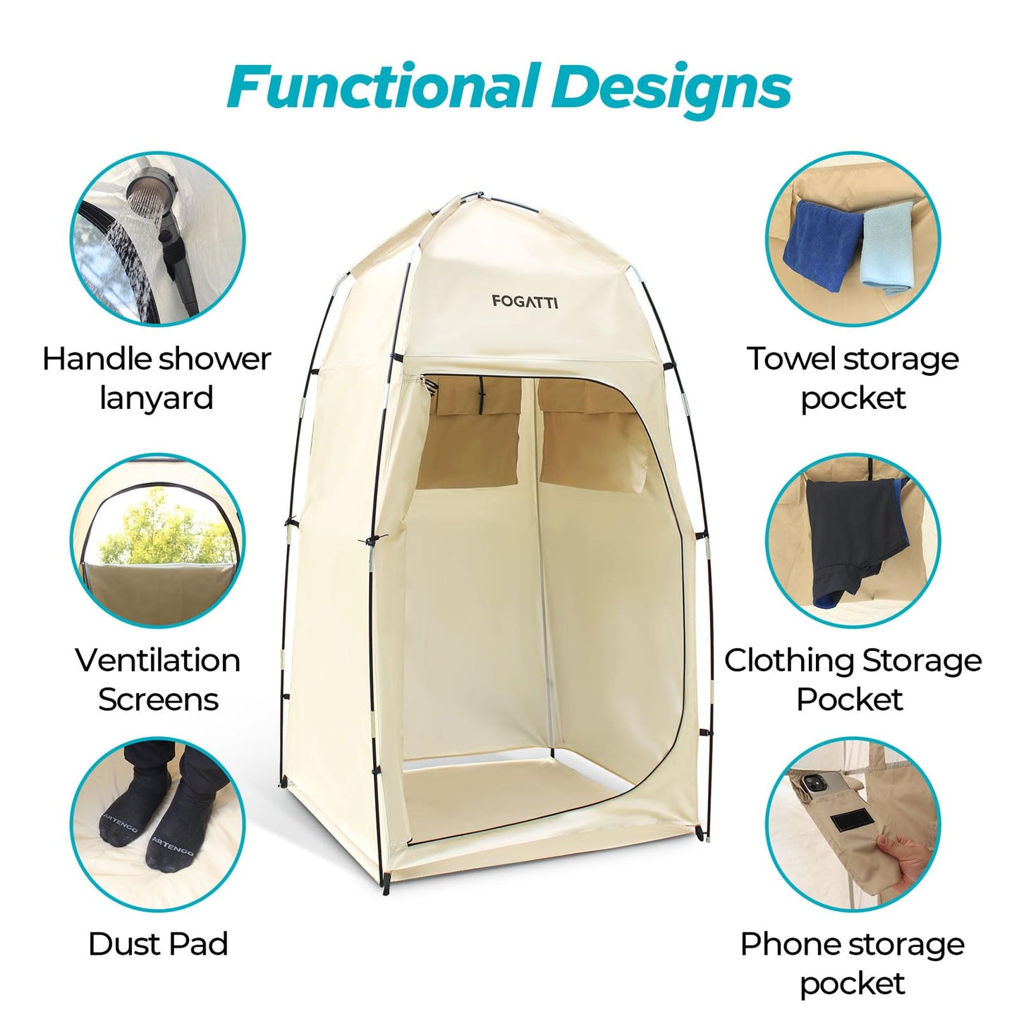 FOGATTI Portable Camping Shower Tent with Floor, 6.9 FT Extra Tall Shelter with 3 Internal Pockets and Carry Bag, Outdoor Privacy Tent for Shower Changing Dressing, Wind-Proof, Oversize, Easy Set Up