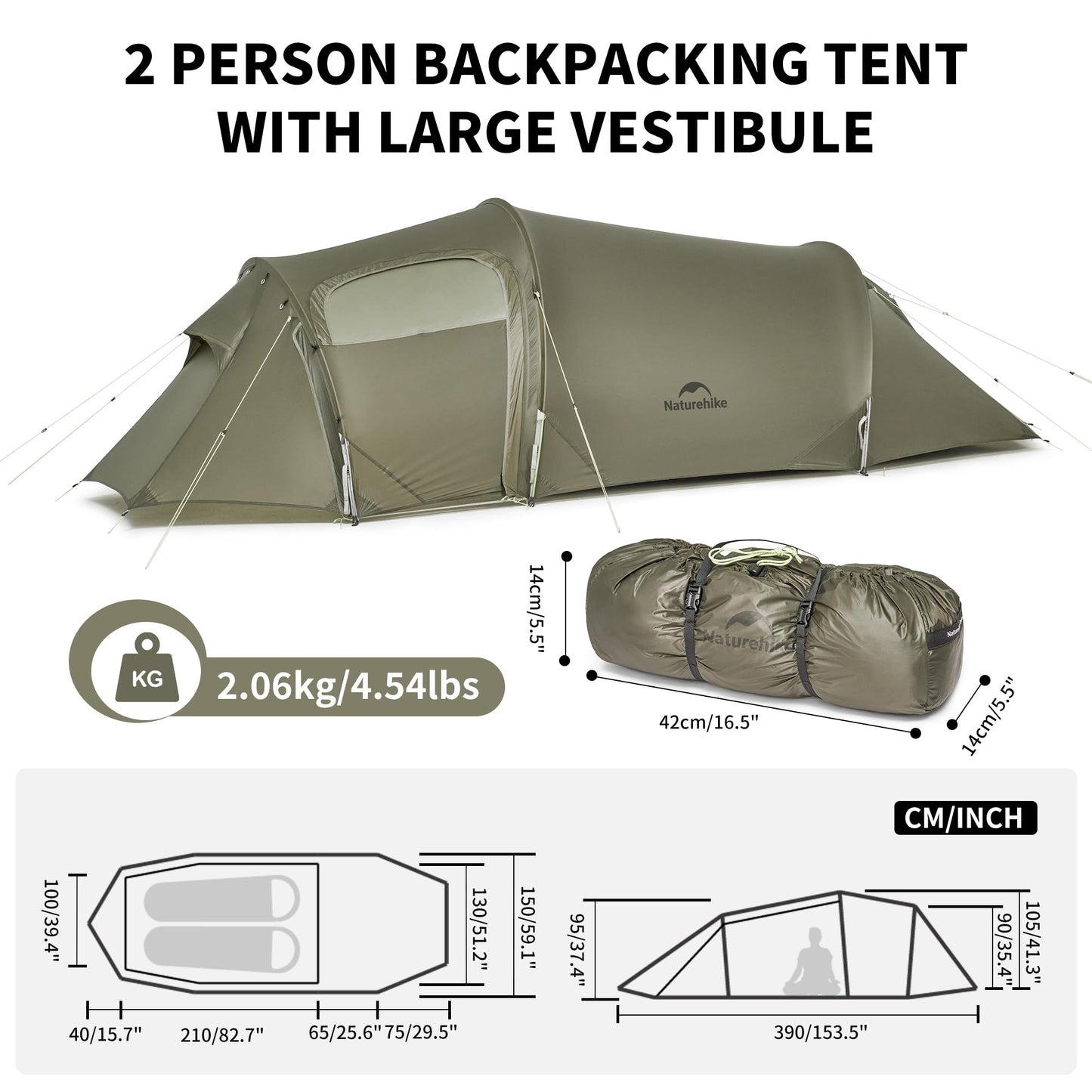 Naturehike Opalus Tunnel Tent with Vestibule, Waterproof 2-3 Person Backpacking Tent, Double Layer Tents for Camping