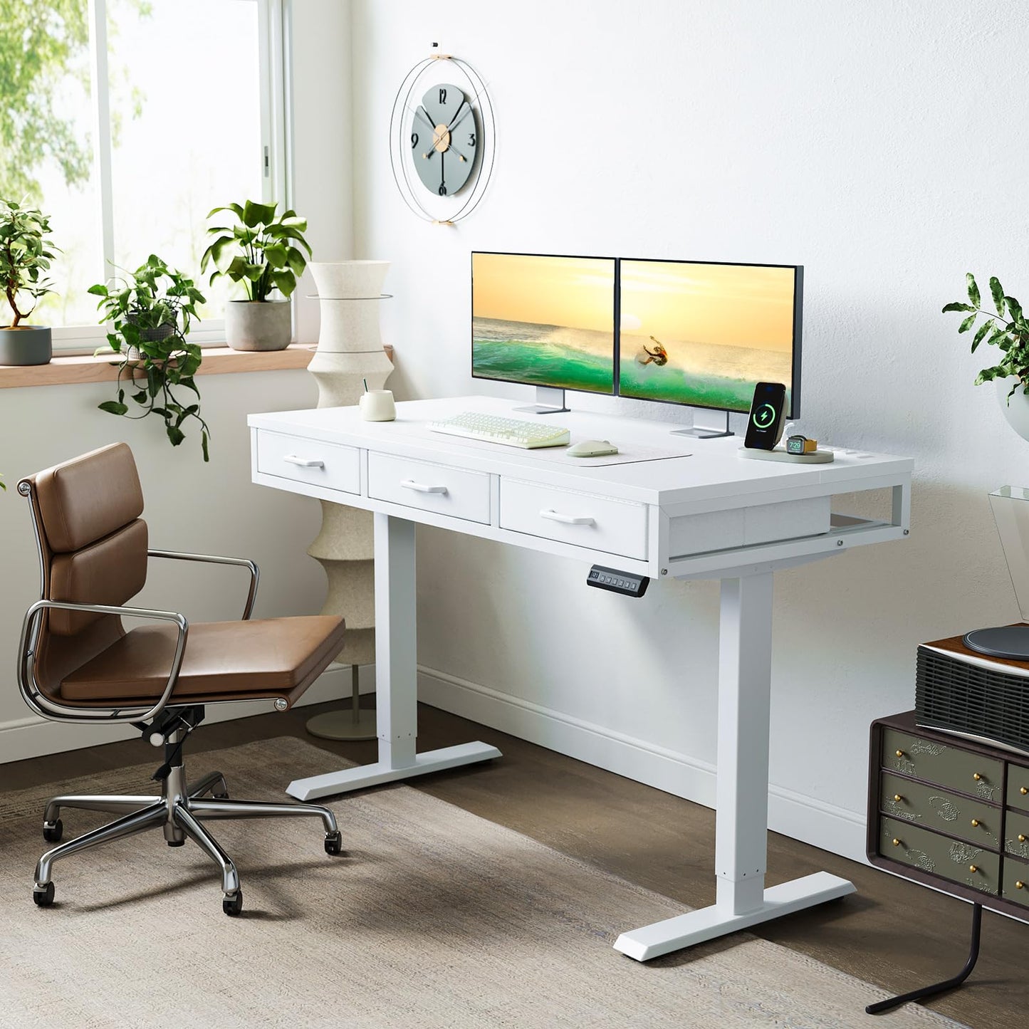 AODK Electric Standing Desk with Drawers, 47 Inch Height Adjustable Small Desk with Power Outlets, Sit Stand Table, Writing Computer Desk for Home, Office, Workstation, White