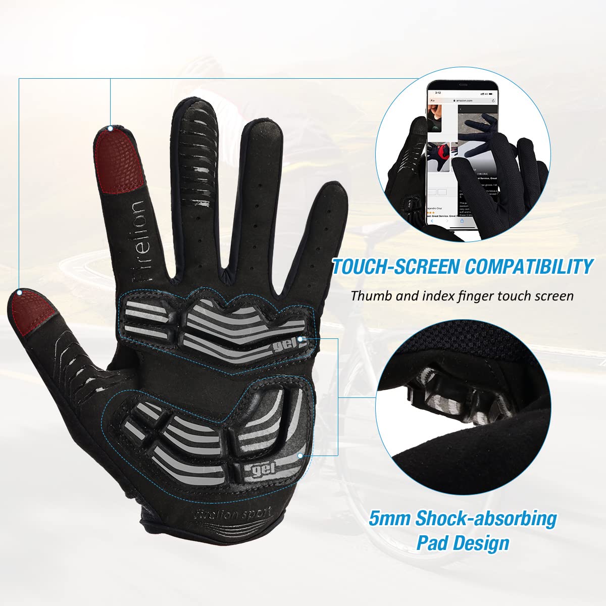 FIRELION Men/Women Bicycle Cycling Gloves, Full-Finger Anti-Skid Shock-Absorbing Outdoor MTB Downhill Off Road Gloves for Racing, Touch-Screen Sports Bike Protective Gloves