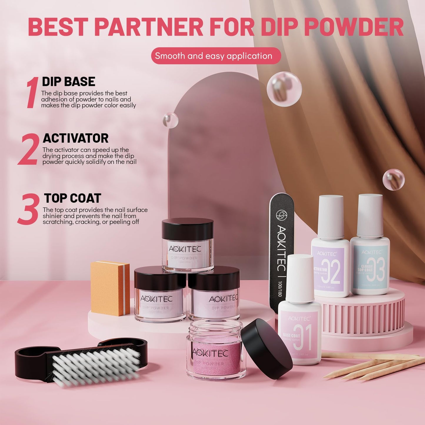 Aokitec Dip Powder Nail Kit Starter - 4 Colors White Nude Pink Glitter Nail Dip Powder with Dip Base Activator Top Coat Dipping Powder Liquid Set for Nail Art Manicure DIY Salon