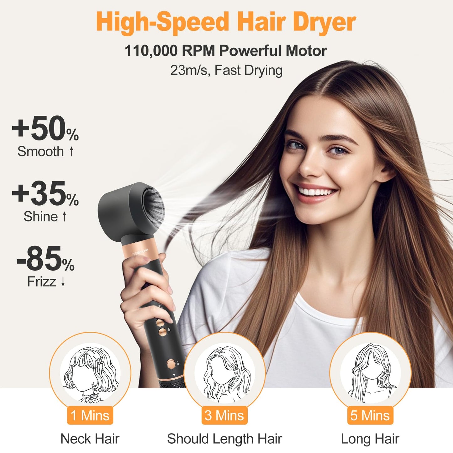 Air Hair Dryer Brush Styler, Auto Wrap Curlers, High-Speed Oval Blow Brush Hair Dryer (Black-Golden)