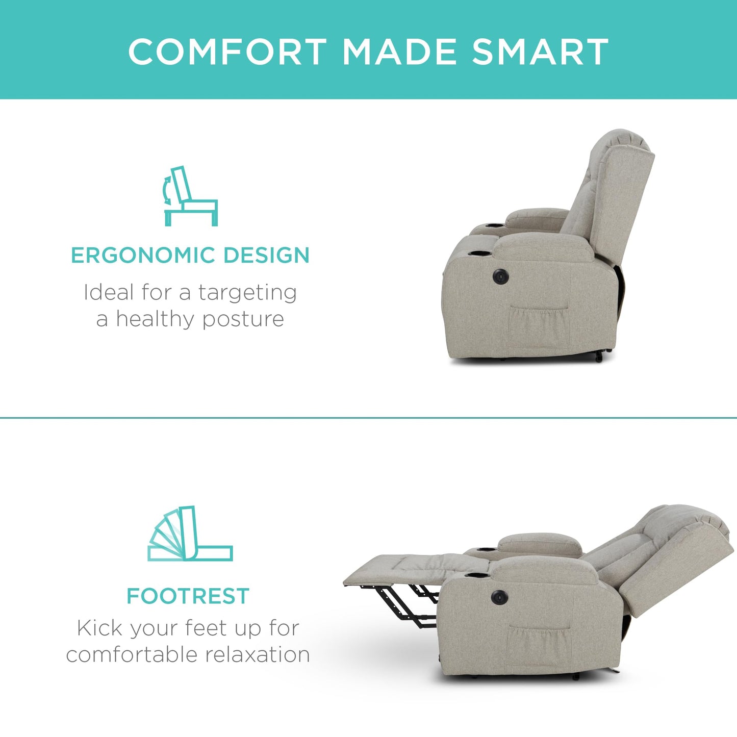 Best Choice Products Modern Linen Electric Power Lift Chair, Recliner Massage Chair, Adjustable Furniture for Back, Legs w/ 3 Positions, USB Port, Heat, Cupholders, Easy-to-Reach Button - Greige