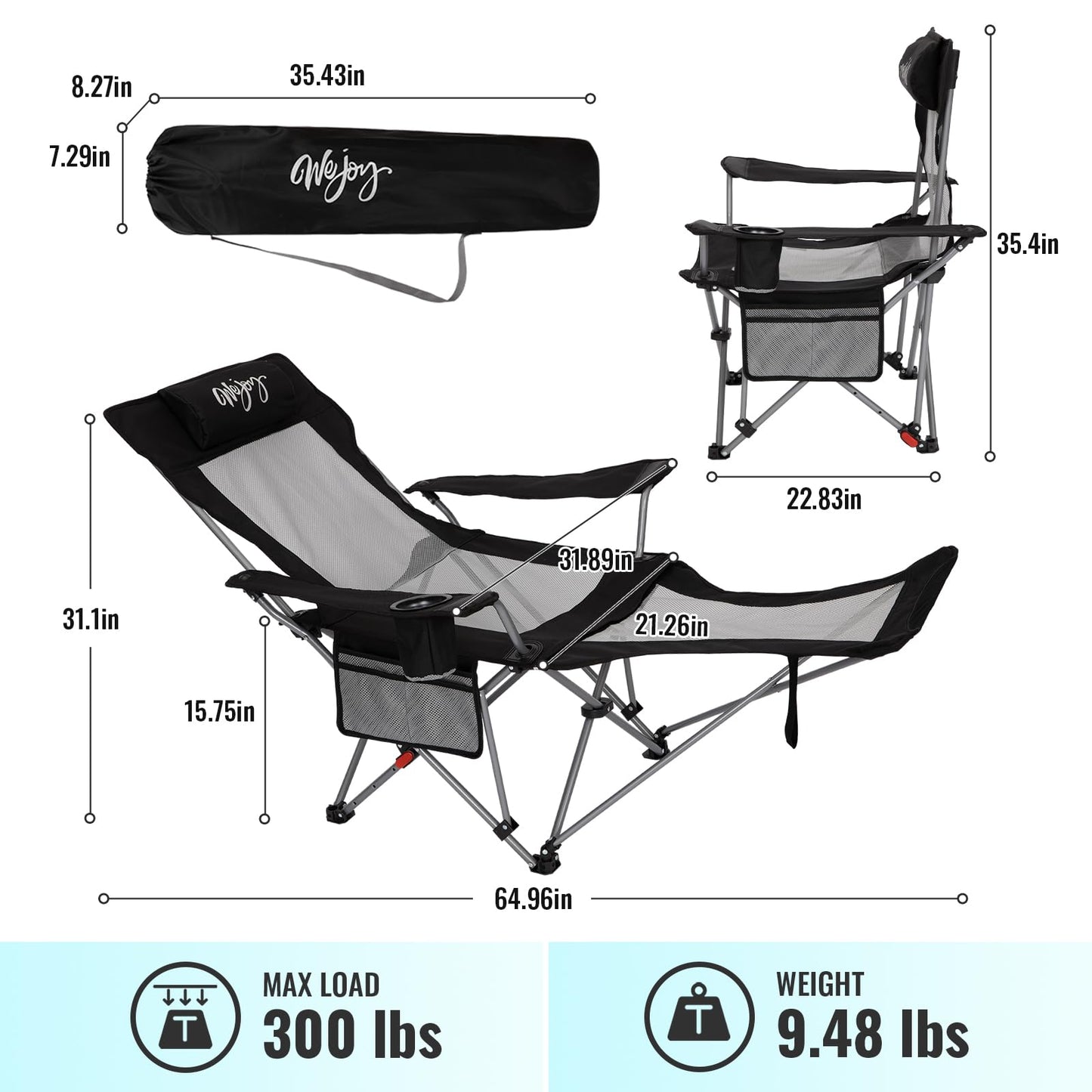#WEJOY 2-in-1 Reclining Camping Chair with Footrest for Adults Folding Lounge Chair with Adjustable Backrest Lightweight Camping Chairs Heavy Duty Camp Chairs for Outdoor (1, Black Grey)
