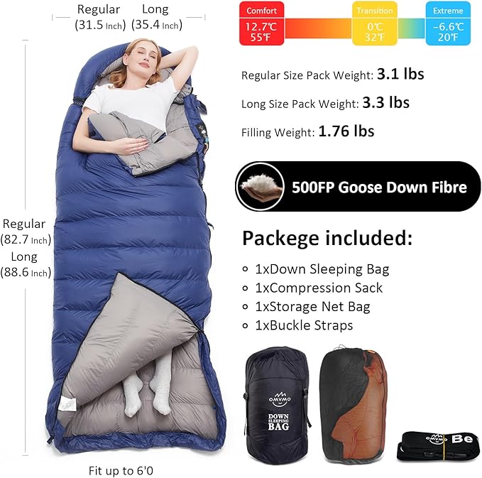 0-20 Degrees F Down Sleeping Bag for Adults - 4 Season Envelope With Arm Holes, Wearable for Backpacking Camping - Ultralight, Compact, Move Freely While Wearing