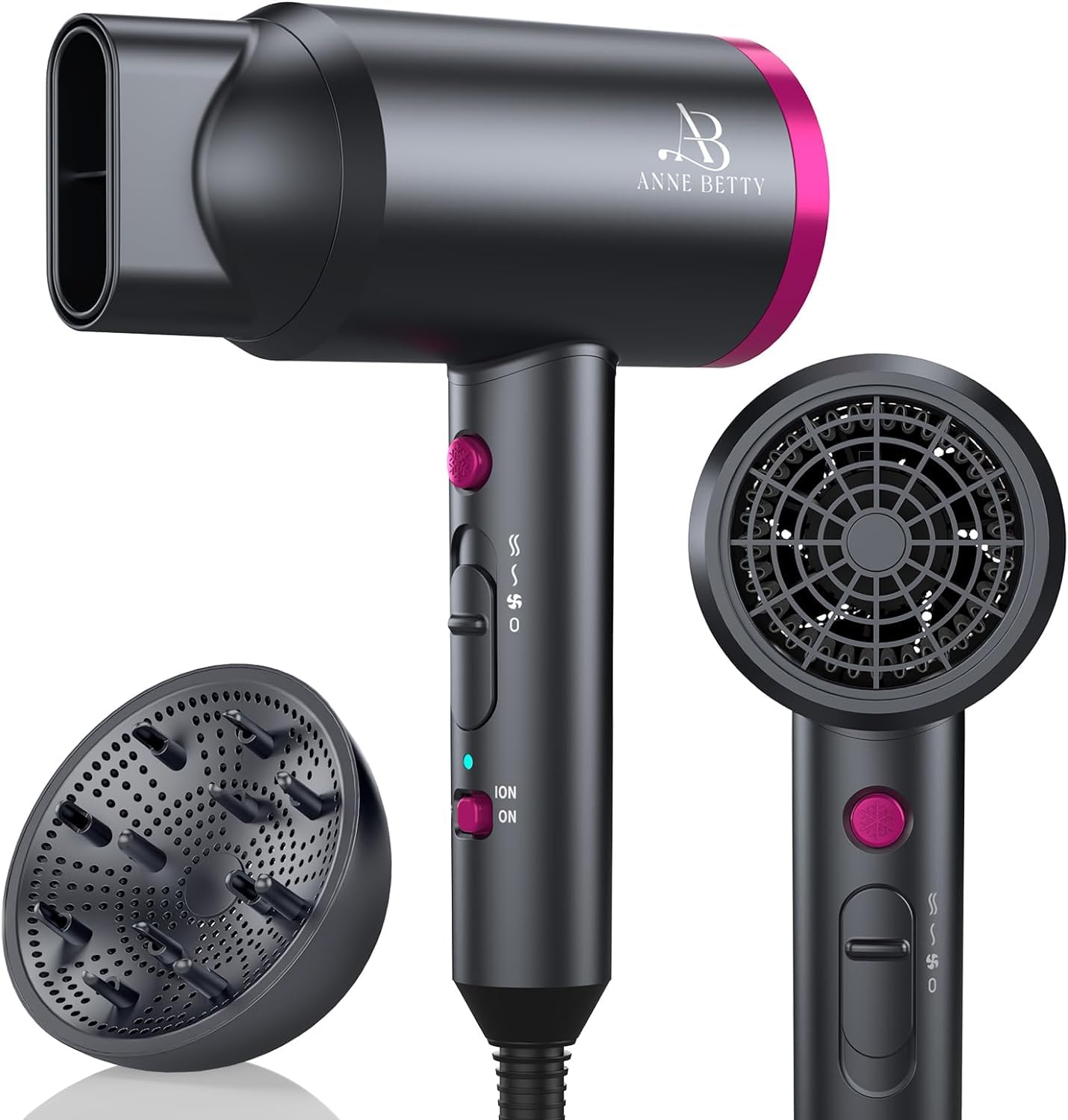 ANNE BETTY Ionic Hair Dryer with Diffuser, Powerful 1800W Blow Dryer for Women & Men, Fast-Drying Hair Dryer with Nozzle for Home, Salon, Travel