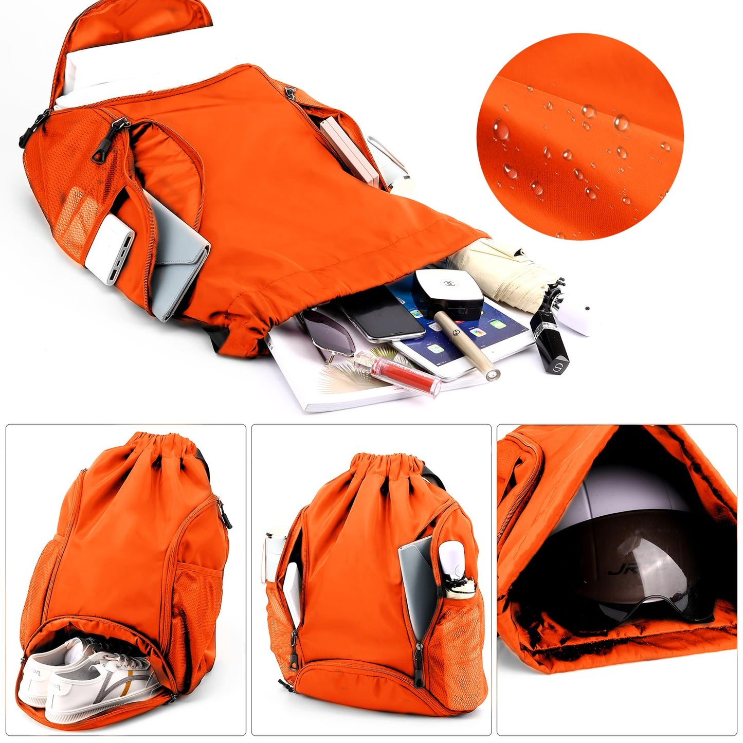 Valleycomfy Sports Gym Bag Drawstring Backpack with Shoes Basketball Bag and Two Water Bottle Holder,Drawstring Backpack for Beach, Pool and Travel,Orange