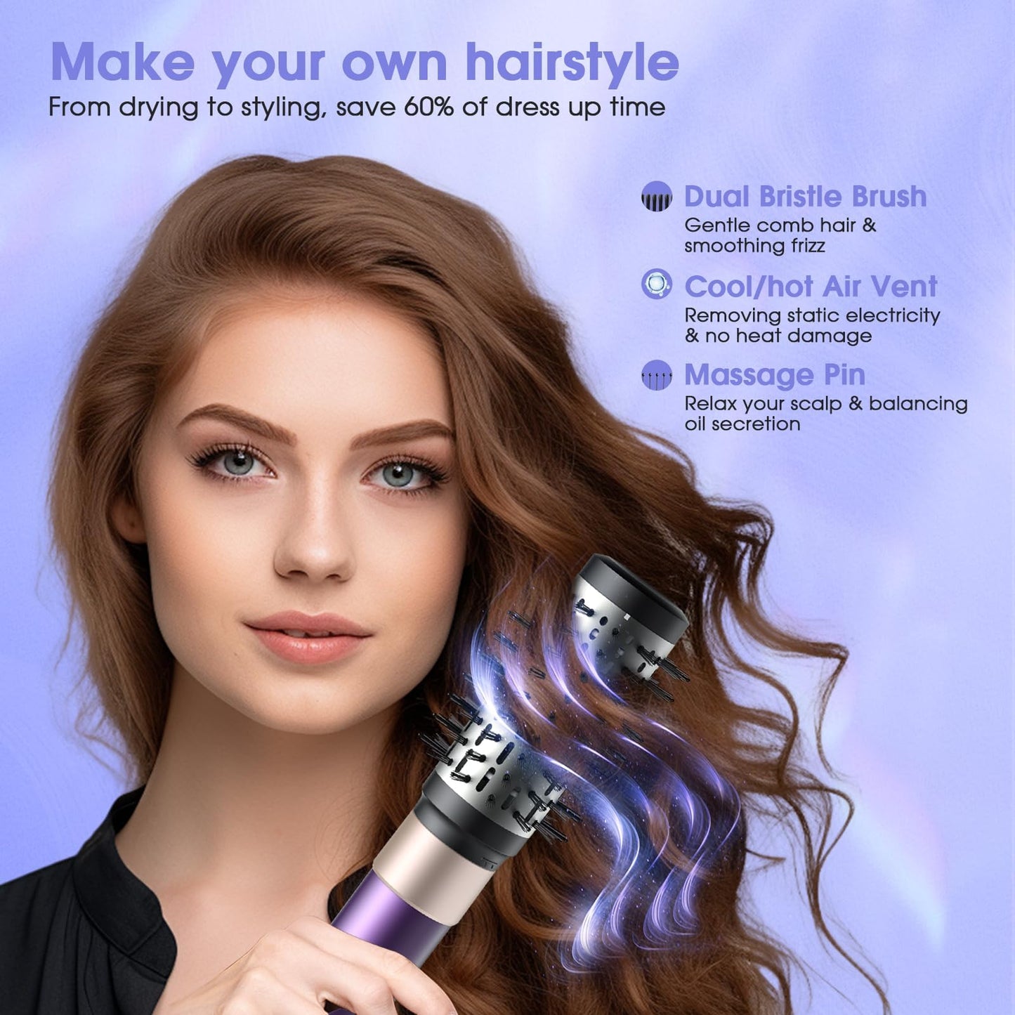Vincofy 7-in-1 Hair Dryer Brush and Hair Styler Set – Fast Drying, Curling, Straightening & Volumizing – Hot Air Styling Tool with No Heat Damage – for All Hair Types – Lavender