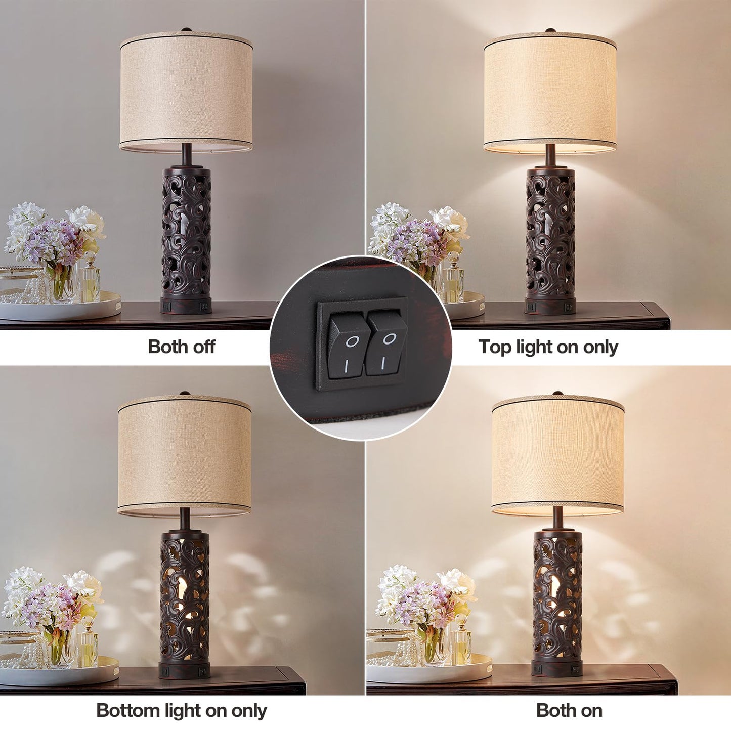 AIDENOEY Set of 2 Table Lamps with Night Light, 28" Farmhouse Table Lamp with USB A+C Ports,Brown Ceramic Bedside Lamp with Fabric Shade for Living Room,Bedroom,Home,Office(2 Bulbs Included)