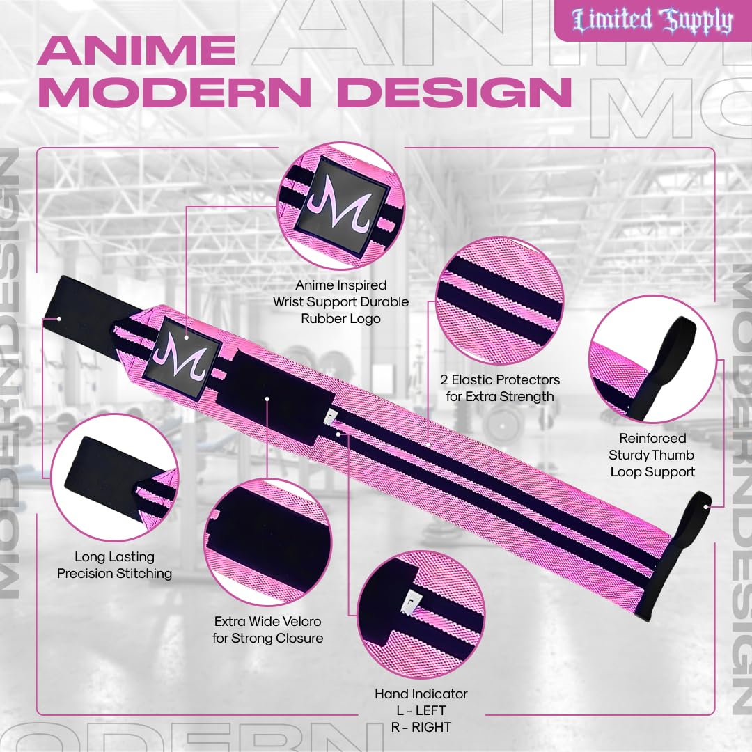 Anime Wrist Wraps Lifting Straps 24" for Men and Women - 1 Pair Each, Gym Accessories Support Weightlifting, Exercise, Strength Training, and Improve Workout, Pinkbu