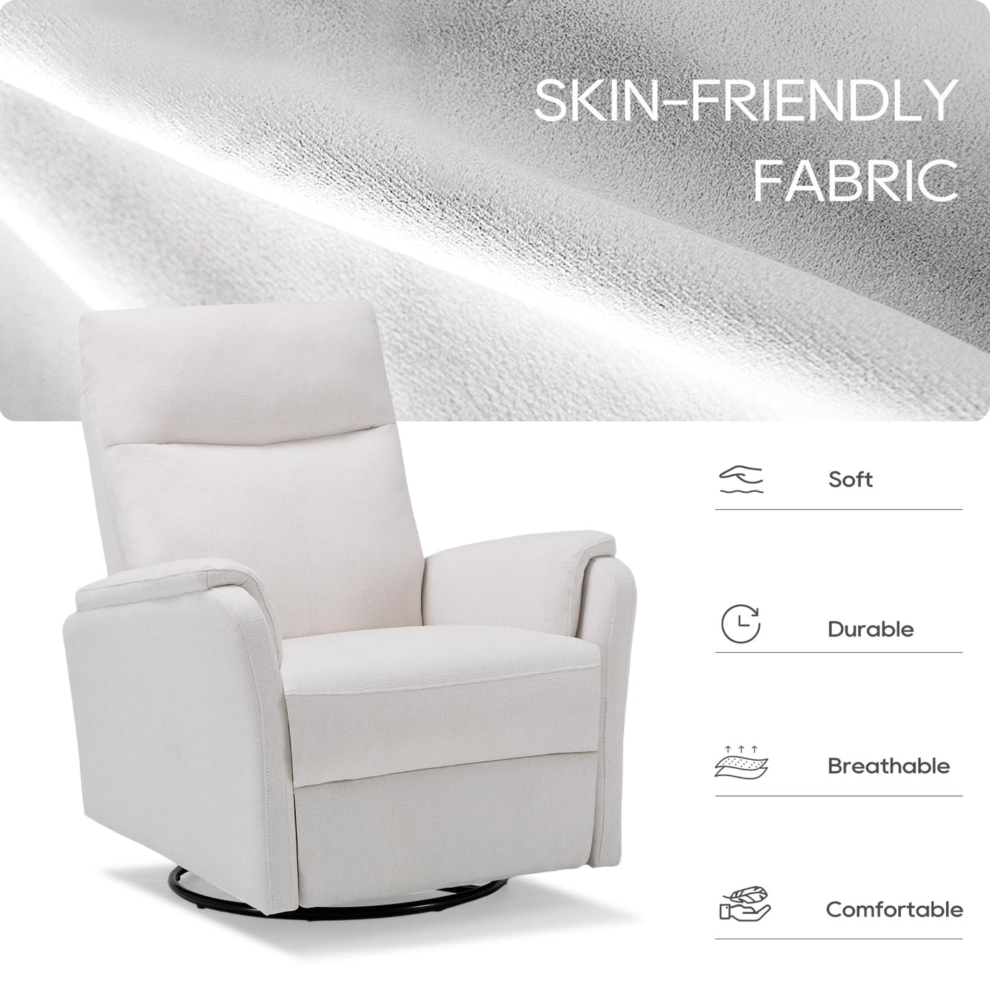 COLAMY Swivel Rocking Recliner Chair, Nursery Rocker Glider Recliner with Extra Large Footrest, Deep Seat, High Back, Upholstered Fabric Reclining Single Sofa for Living Room-White