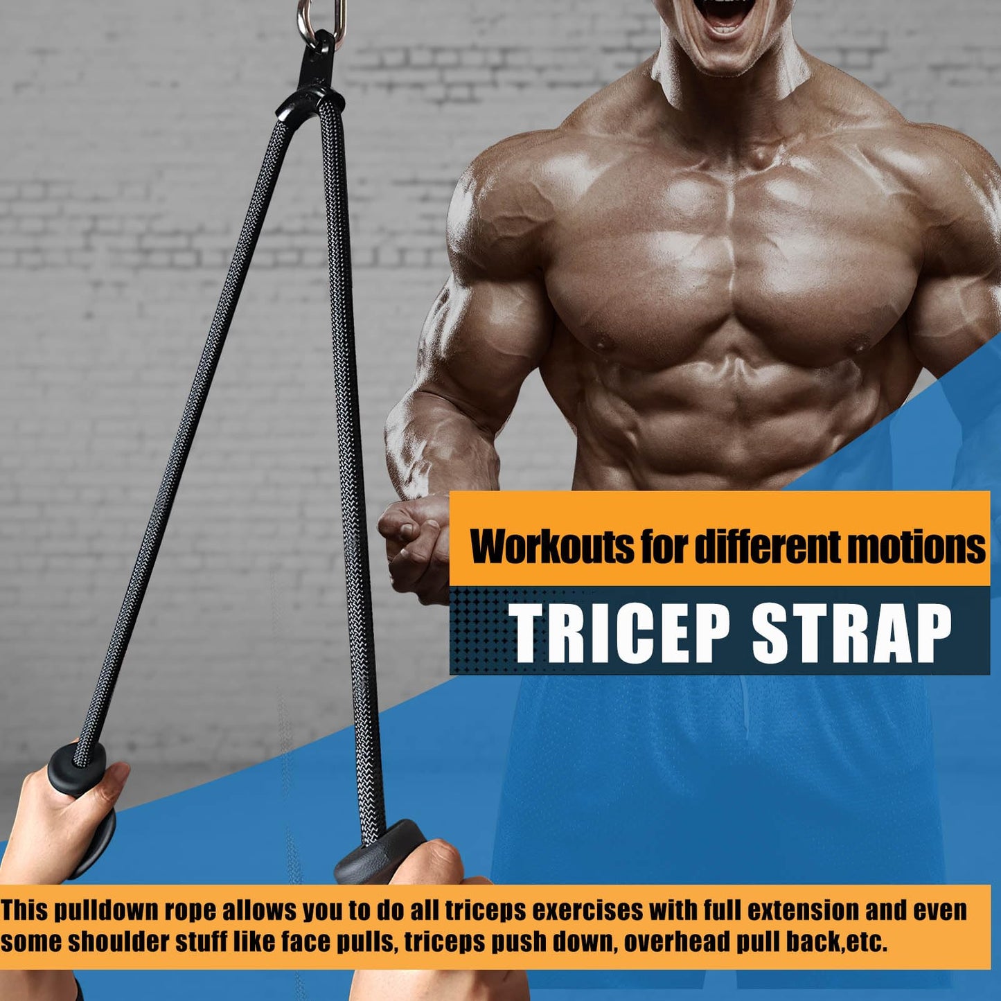 Ergonomic Tricep Rope Pull Down Attachment, Upgraded Long Triceps Rope Cable Attachments for Gym, LAT Pull Down Bar for Cable Machine, Tricep LAT Pulldown Workout Cable Attachments (Hand ROPE-06)