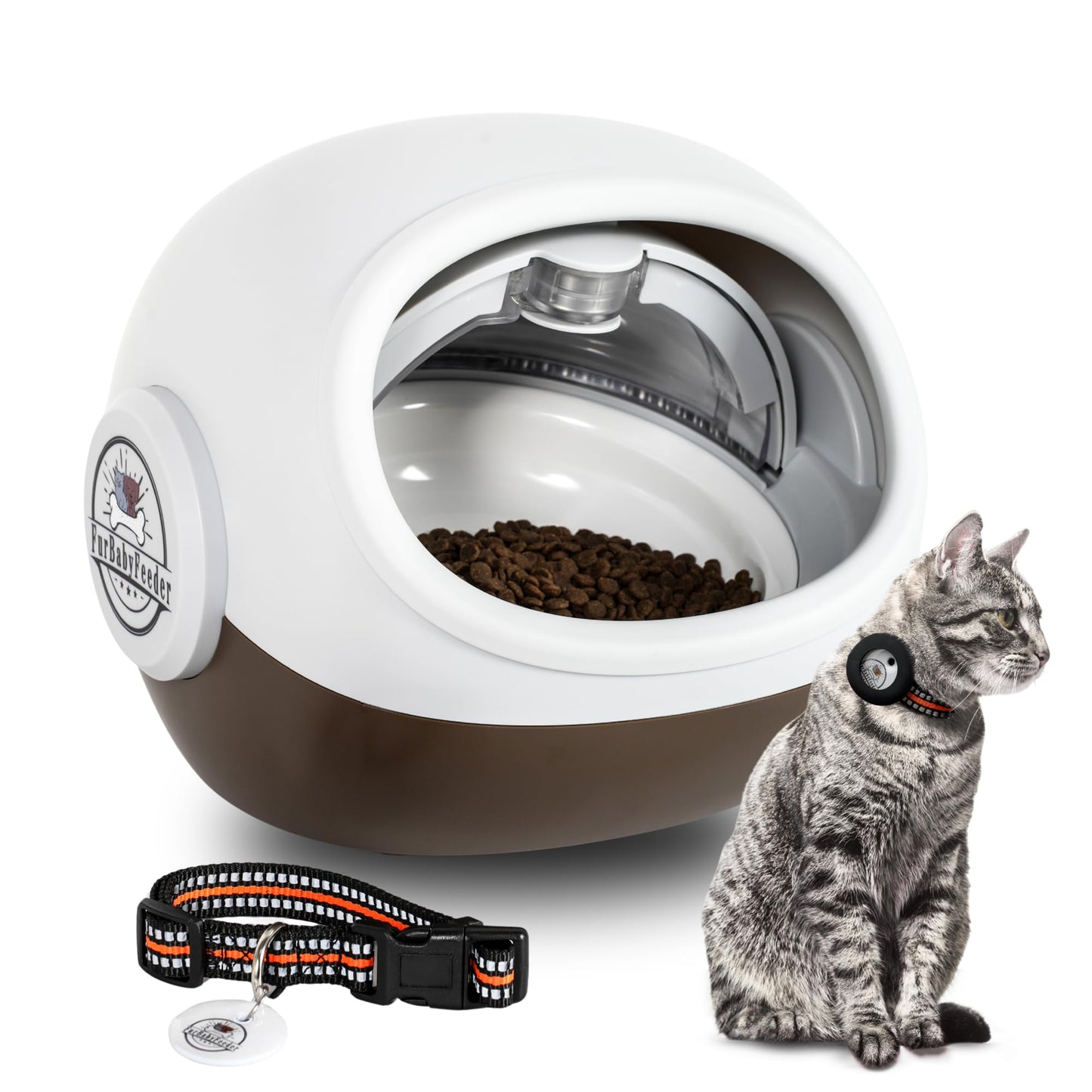 FurBabyFeeder Sphere – RFID Automatic Cat Feeder with Mute Option & Tag Sleeve – Smart Feeder for Multi-Cat Homes – Works with Wet & Dry Food – Secure Locking Doors, LCD Display - Coffee