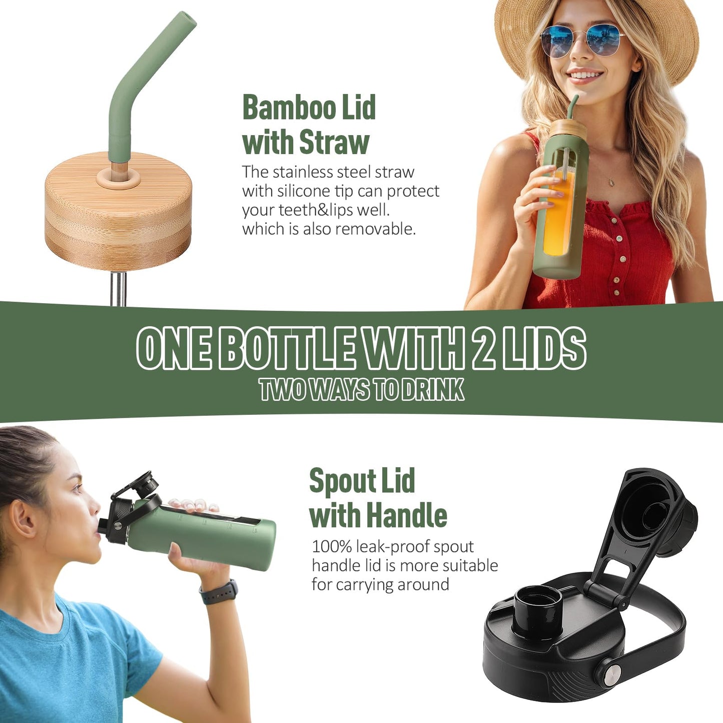 Kodrine Glass Water Bottles 32 oz Water Bottle with Straw, Sports Water Bottle with Handle, Clear Water Bottle with 2 lids Bamboo Lid and Spout Lid, Wide Mouth Water Bottle with Sleeve, Olive