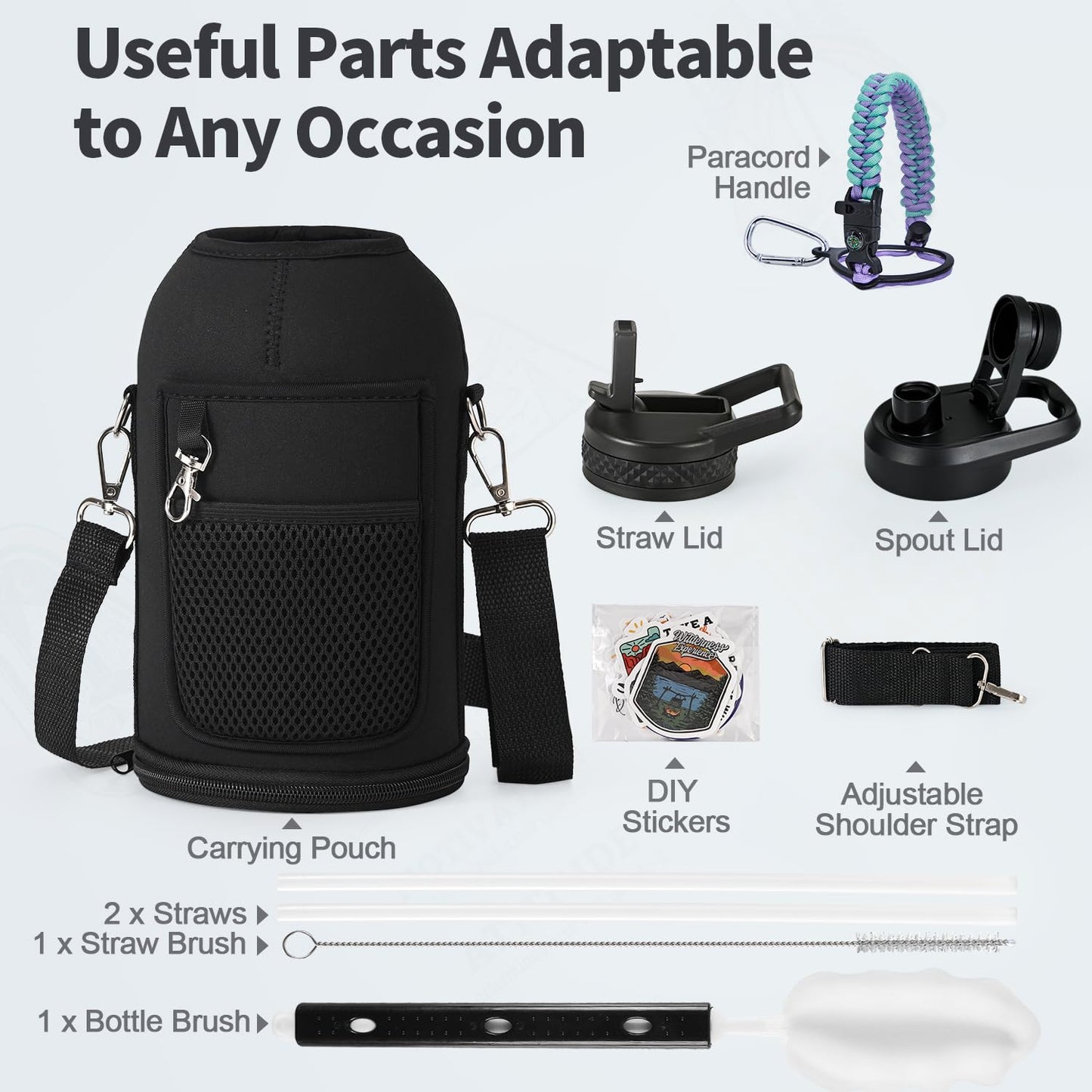 WixByti 64 oz Insulated Water Bottle with Straw (Cold for 48 Hrs), Half Gallon Stainless Steel Triple Wall Vacuum Sports Water Jug, Leakproof Hydro Cup Flask with Straw Spout Lids & DIY Stickers