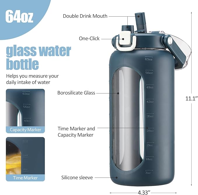BLUEGO 64 oz Glass Water Bottle, Drinking Water Bottle with Handle and Straw, Half Gallon Motivational Water Bottle with Silicone Sleeve and Time Marker, Sports Water Bottle (Dark Blue)