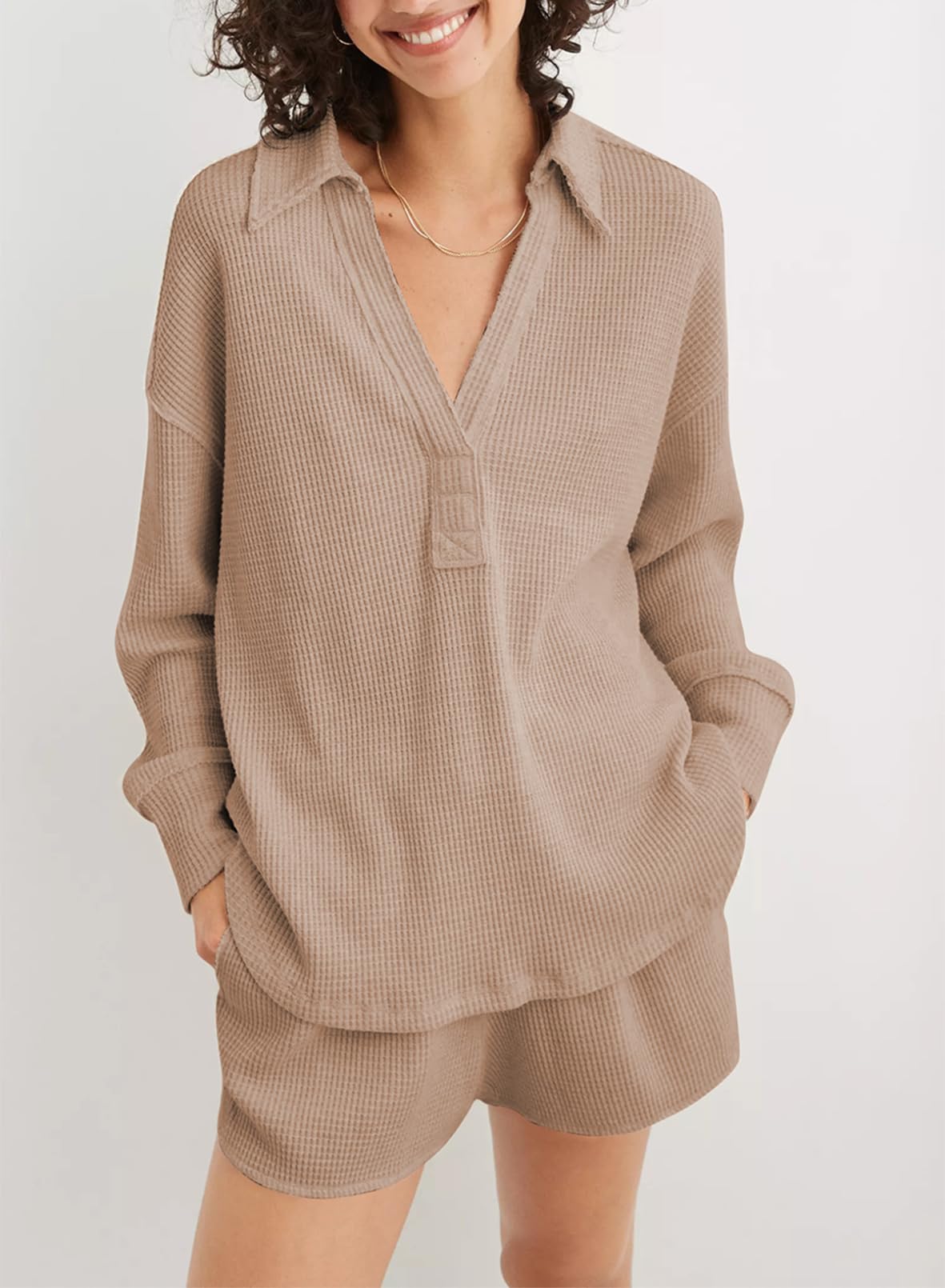 AlvaQ Shirts for Women Fall Winter Clothes Oversized Long Sleeve Sweatshirt Fashion Casual Loose Fit V Neck Drop Shoulder Tunic Tops Khaki Medium
