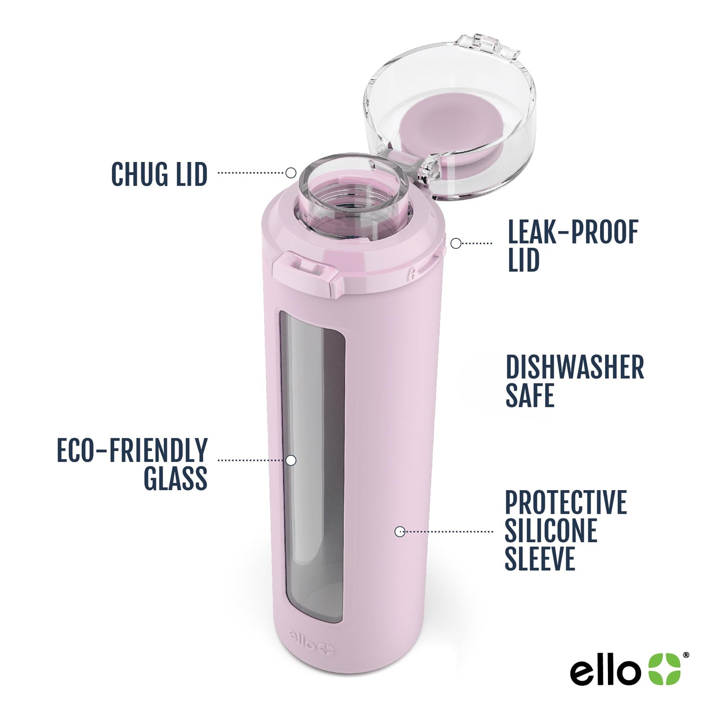 Ello Syndicate 20oz Reusable Glass Water Bottle with One-Touch Leak Proof Flip Lid, Protective Non-Slip Silicone Sleeve, Carry Loop for Coffee, Tea and Water, BPA-free, Dishwasher Safe, Cashmere Pink