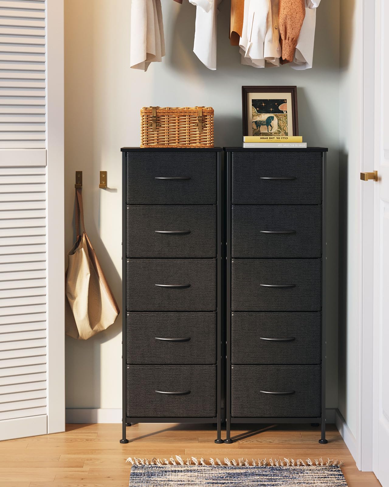 AODK Dresser for Bedroom with 5 Storage Drawers, 48" Tall Dresser Chest of Drawers Fabric Dressers with Sturdy Steel Frame, Black