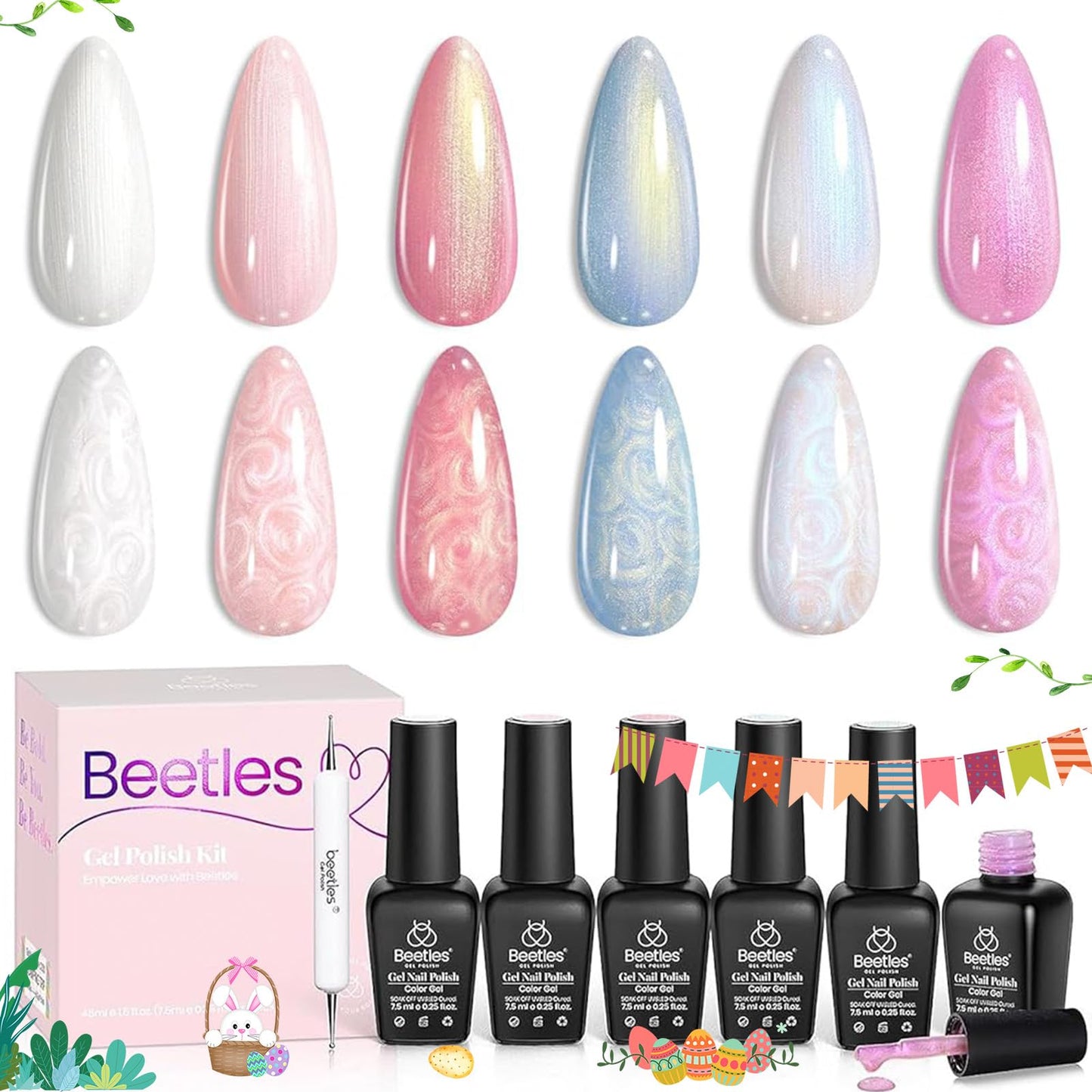 Beetles Shimmer Glitter Gel Nail Polish Set, 6 Colors White Pink Blue Pearl Gel Nail Polish Mermaid Soak Off Uv Led Spring Summer Polish Swirl Thread Effect DIY Manicure Art Gift for Women