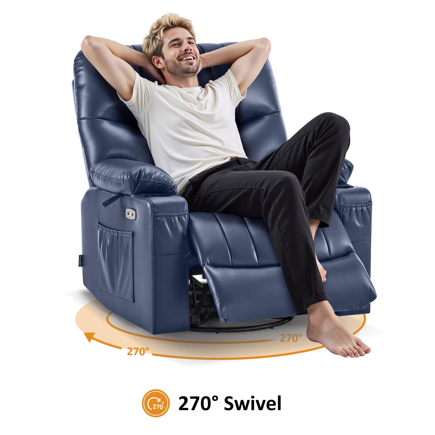 MCombo Power Swivel Glider Rocker Recliner Chair for Living Room with Vibration and Heat, USB Ports, Cup Holders and Pockets, Faux Leather 7785 (Navy Blue)