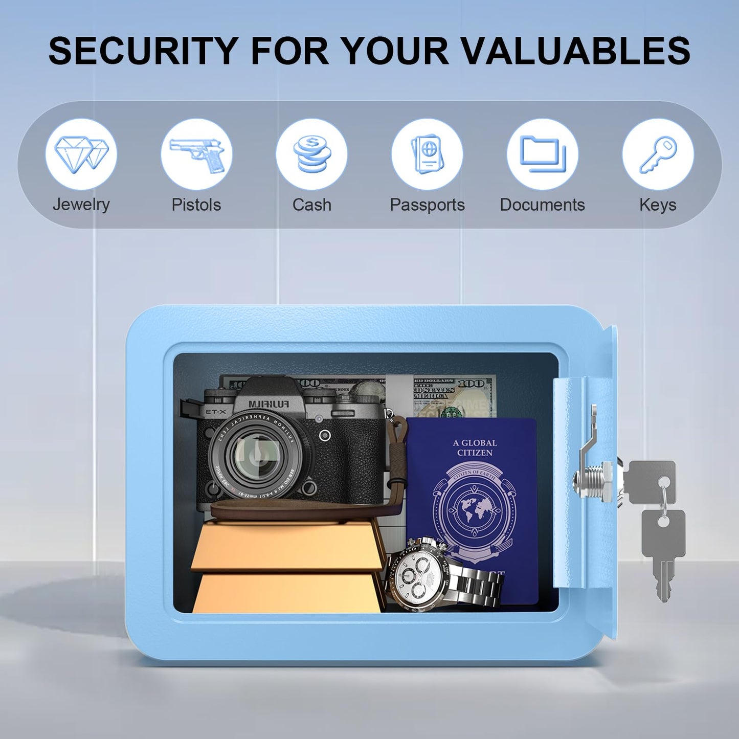 0.23 Cub Safe, Mini Home Safes for Money,Small Safe Box with Key, Coin and Cash, Security Safes for Kids, Lock Box for Personal Items with Size 6.69”Dx 9.06”Wx 6.69”H (Blue)