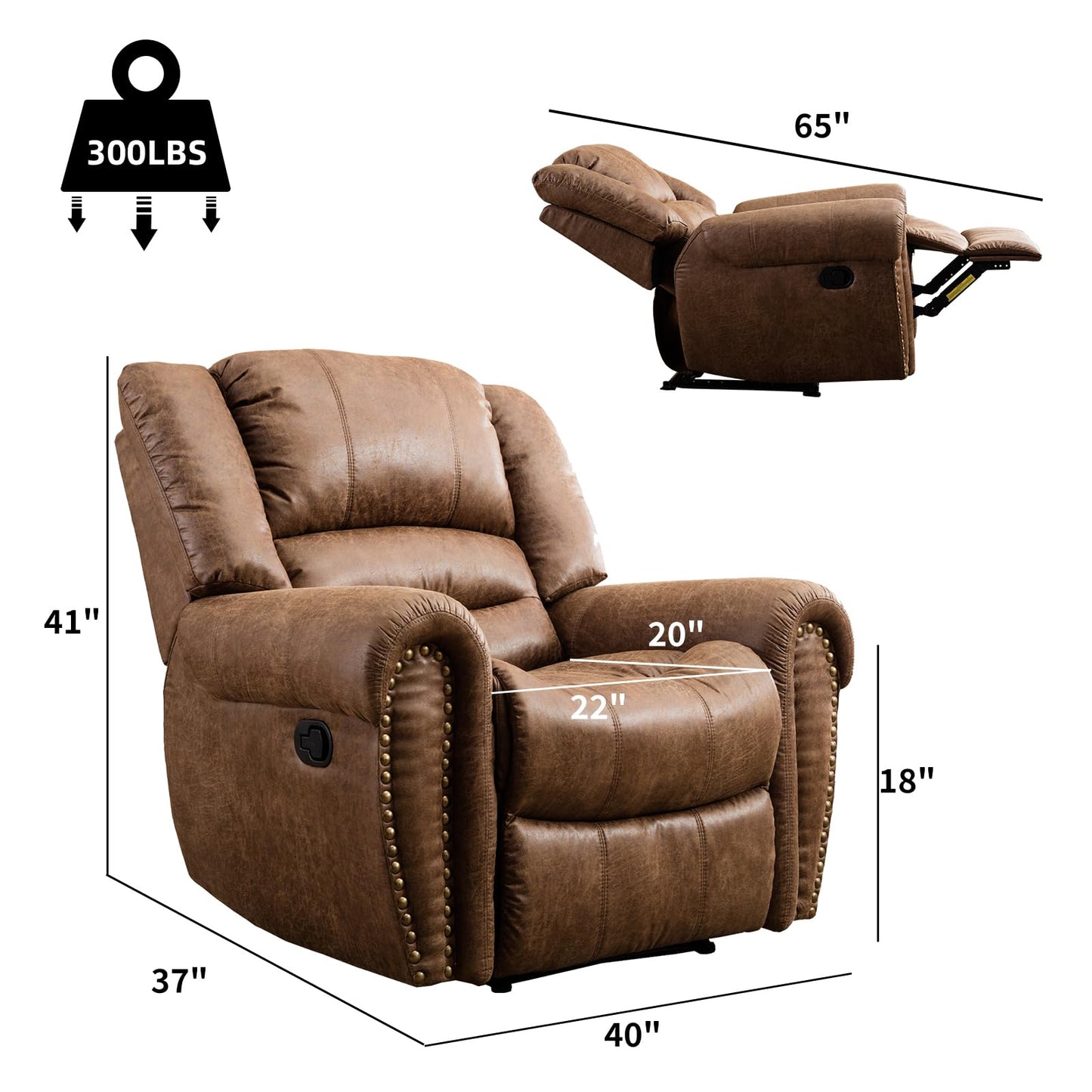 CANMOV Leather Recliner Chair Set of 2, Classic and Traditional Manual Recliner Chair with Comfortable Arms and Back,Manual Single Recliner Sofa for Living Room, Nut Brown