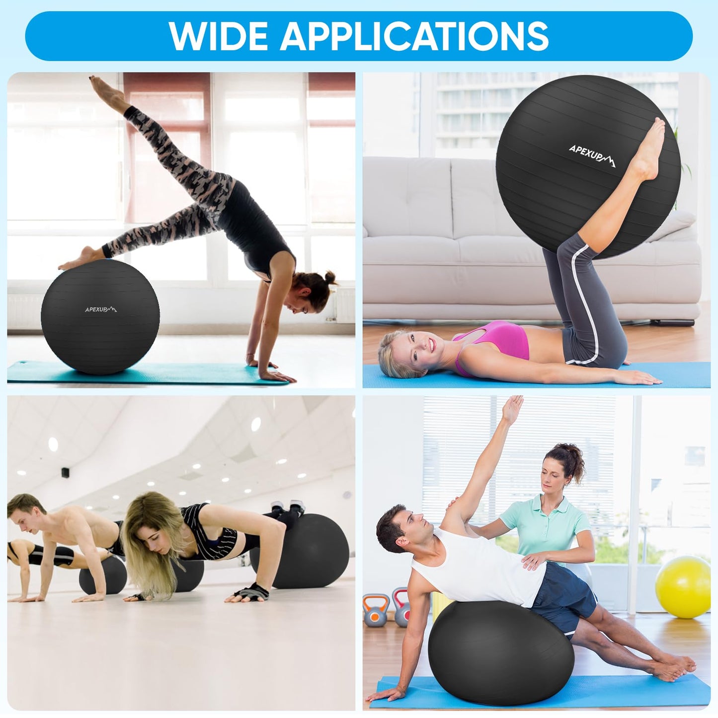 APEXUP Yoga Ball Exercise Ball, Anti Slip Stability Ball Chair, Heavy Duty Large Gym Ball for Fitness, Balance, Core Workout and Physical Therapy (S (15"~18") 45cm, Black)