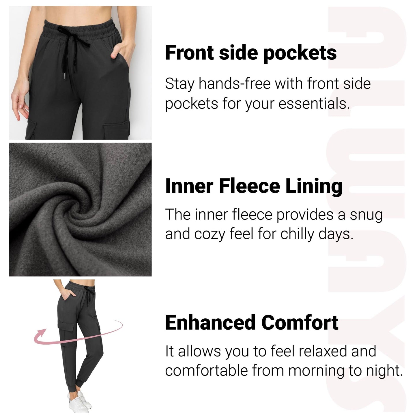 ALWAYS Fleece Cargo Jogger for Women - Soft Cozy Casual Warm Lounge Winter Sweatpants with Pockets Black M