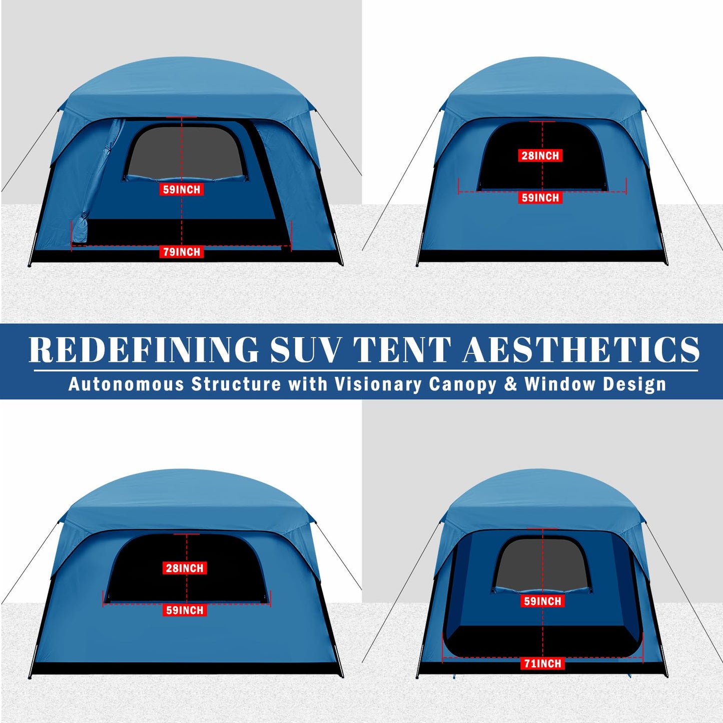 Qualencey SUV Tent, Dual Mode (Party & Privacy), Heavy-Duty Oxford Fabric, Sturdy Metal Frame, Quick Connect Setup for SUV/Jeep/Truck with Cap, All-Season Waterproof Camping Shelter (Blue)