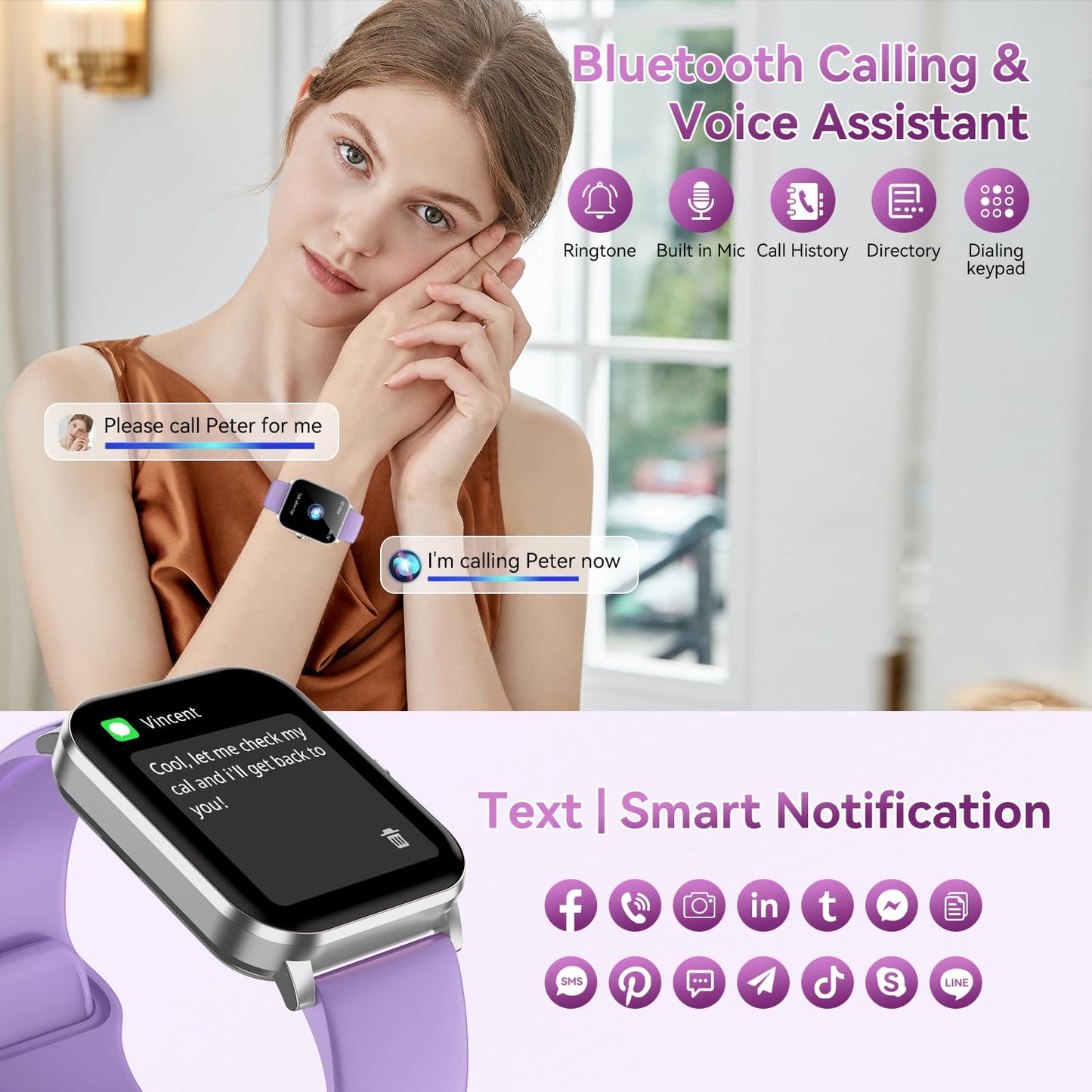 Smart Watch, 1.85" HD Smartwatch for Men Women (Answer/Make Calls), Fitness Watch with Heart Rate/Sleep/IP68 Waterproof/120+ Sports Modes, Pedometer, Android Smart Watch for Android iOS (Purple)