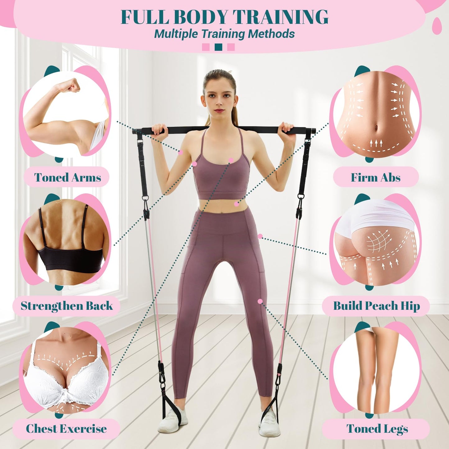 Pilates Bar Kit with Resistance Bands, Multifunctional Yoga Pilates Bar with Heavy-Duty Metal Adjustment Buckle, Portable Home Gym Pilates Resistance Bar for Full Body Workouts(20-150LBS)- Jet Black