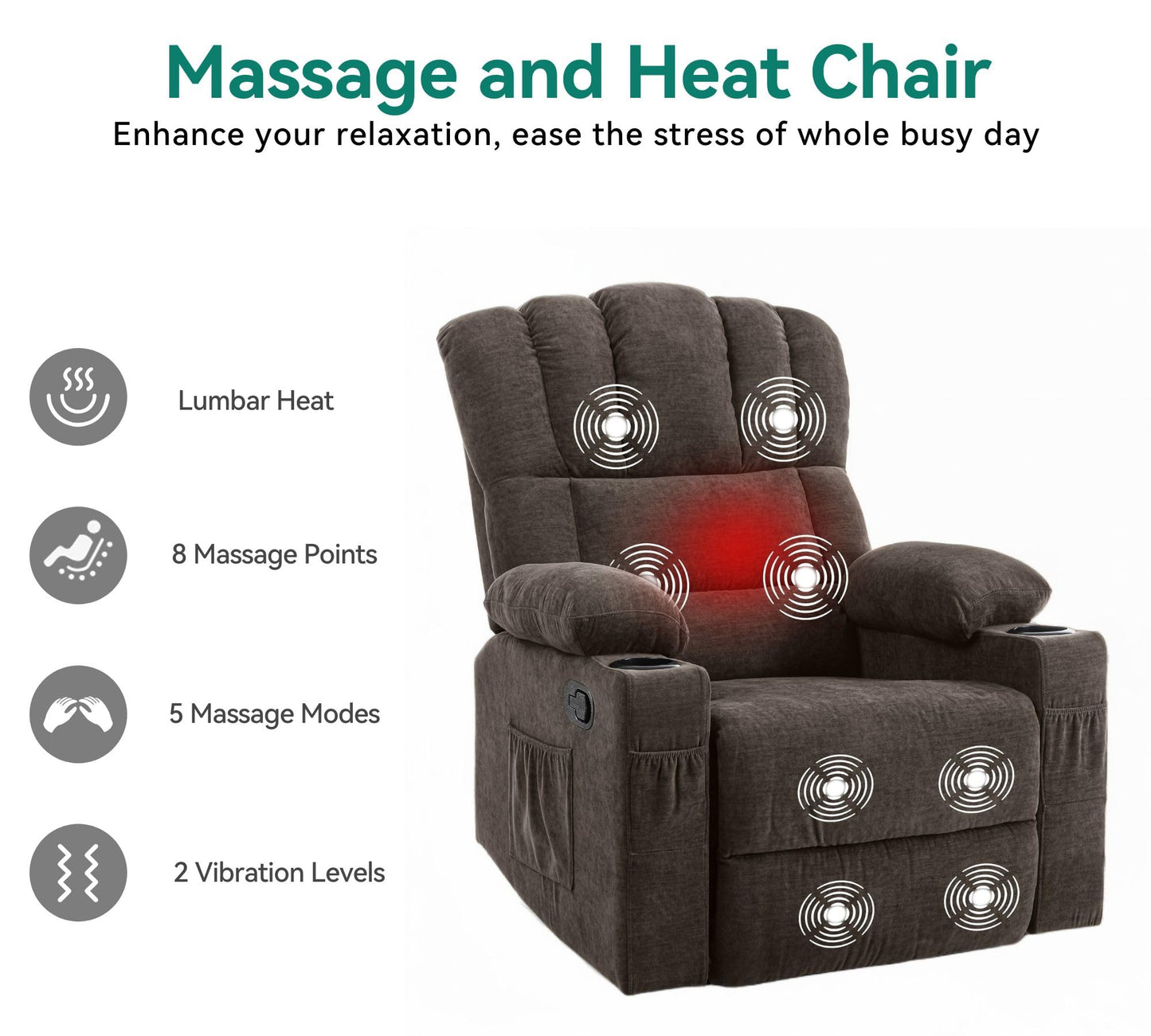 YITAHOME Manual Recliner Chair with Massage and Heat, Fabric Recliner Chair with Overstuffed Armrest, Rocking Recliner with 2 Cup Holders, USB Charge Port and Side Pocket for Living Room, Brown2