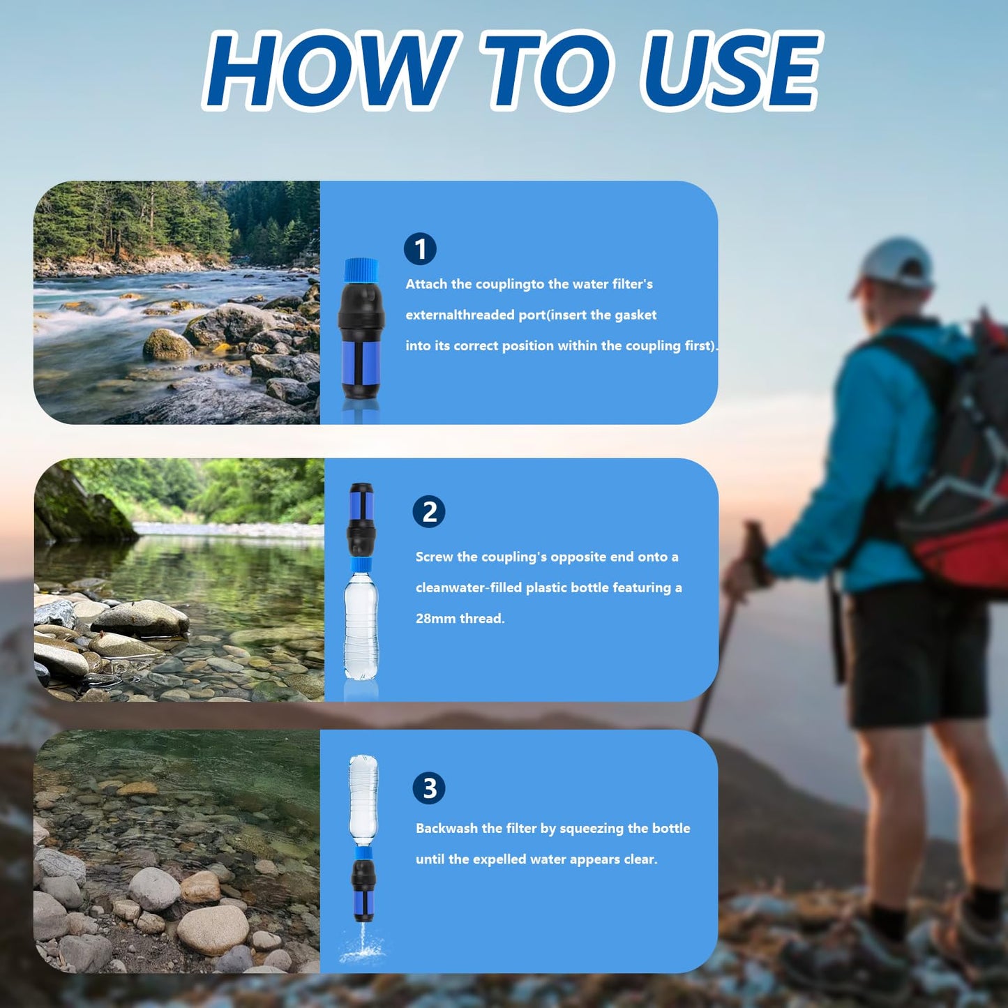 2 Pcs Water Filter Coupling Kit, Filter Cleaning Gasket With Seal, Compatible with 28mm External Threaded Water Filters and Plastic Bottles for Mountaineering Camping