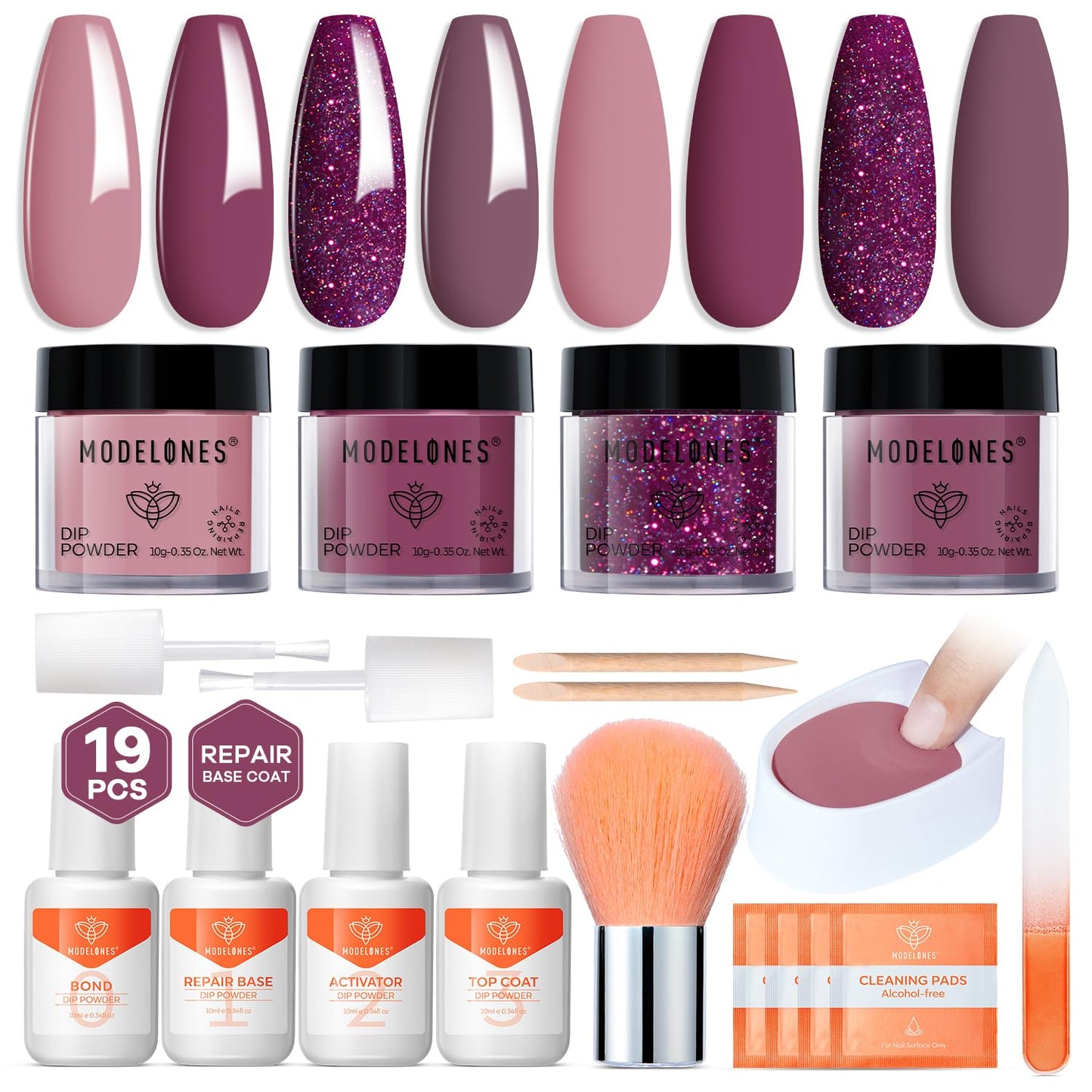Modelones Dip Powder Nail Kit, 4 Colors Pink Purple Glitter Dipping Starter Set with Liquid and Complete Accessories for French Nails Art Salon DIY at Home Manicure