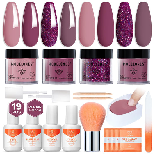 Modelones Dip Powder Nail Kit, 4 Colors Pink Purple Glitter Dipping Starter Set with Liquid and Complete Accessories for French Nails Art Salon DIY at Home Manicure