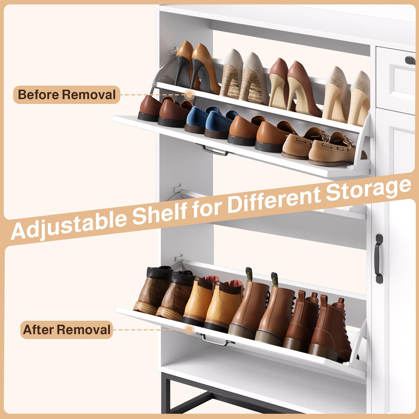 Ahomly 42" White Shoe Cabinet - 2 Flip Drawers (Adjustable), Side Cabinet, Storage Drawer & Open Top - Side Hooks for Shoes & Accessories - Space-Saving Entryway/Hallway Organizer