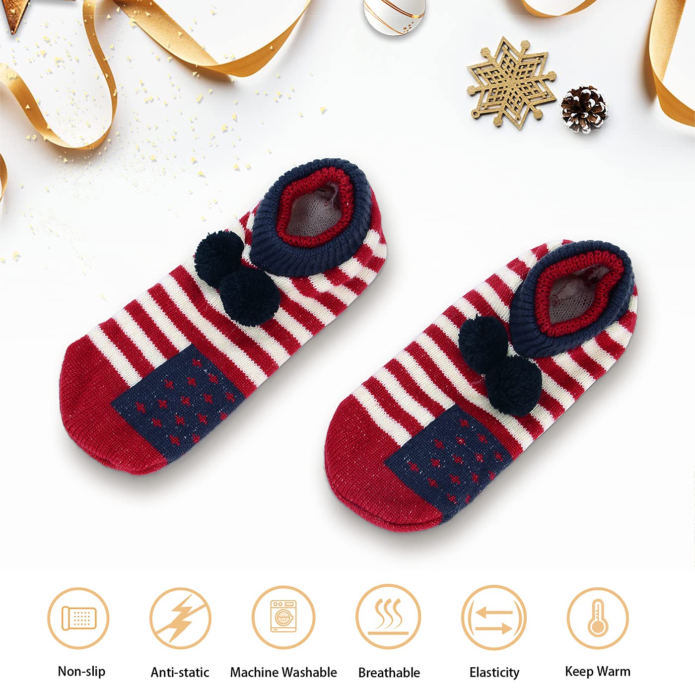American Trends Slipper Socks for Women Non Slip Christmas Socks Comfy Warm Winter Grippy Socks with Grippers Beige Red Snow