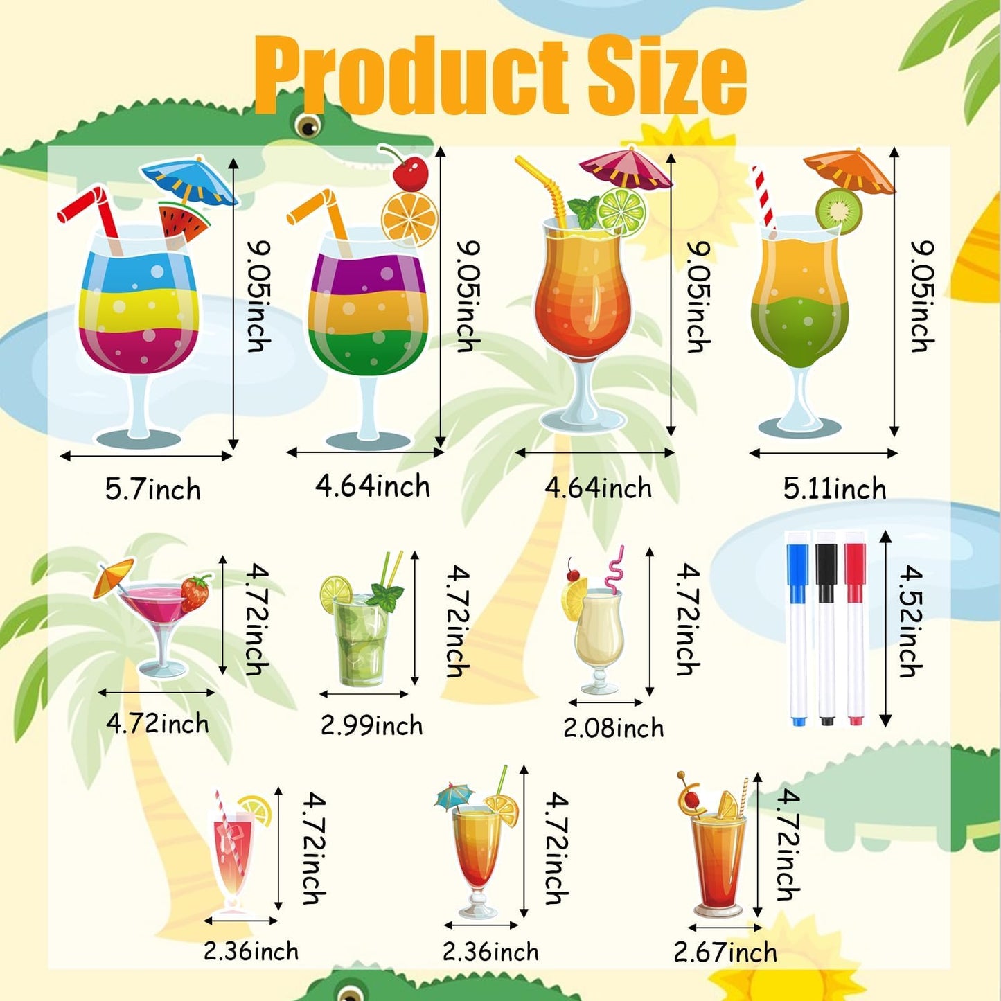 10 Pcs Cruise Door Magnets with 3 Pcs Paint Pen Summer Fruit Drink Cocktail Magnet Tropical Door Decorations Party Car Cabin Refrigerator