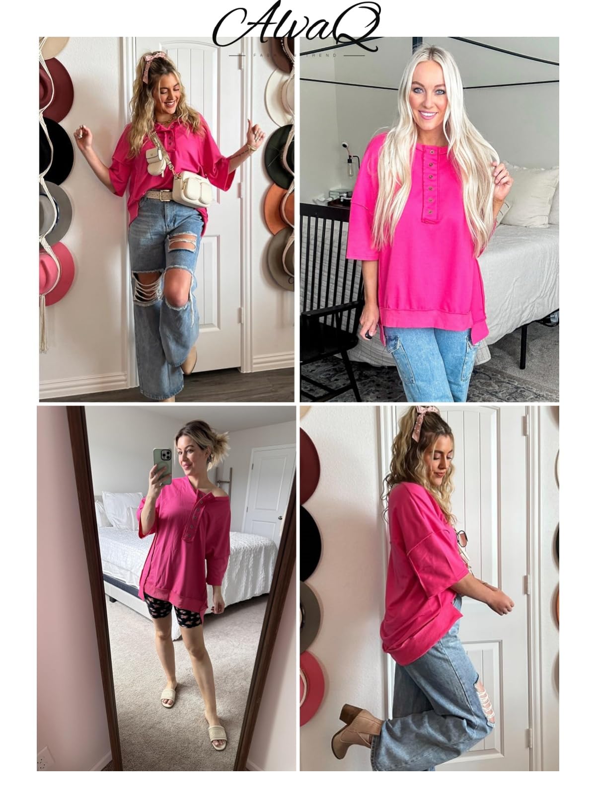 AlvaQ Women's Oversized Shirts Short Sleeve Sweatshirt Henley Neck Summer Tops Casual Loose Basic Tee Shirts 2024 Trendy Clothes Tunic Blouse Rose Large