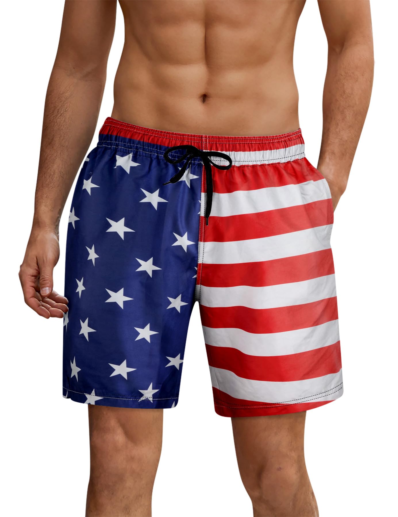 ALISISTER Men American Flag Swim Trunks Compression Liner 4th of July Board Shorts USA Independence Day Boardshorts Swimsuits Swimwear 7 Inch