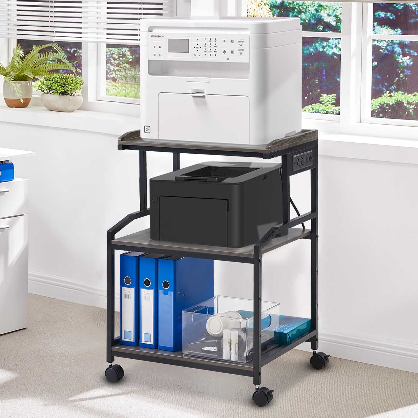 Lauren&Harold 34'' Printer Stand with Storage Printer Table with Power Outlets and USB Ports, Rolling Printer Cart with Adjustable Shelf, Large Printer Stand with Wheels for Home Office, Grey/Black