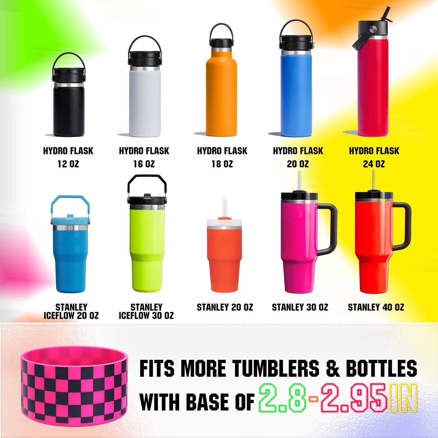 Neon Checkered Protective Silicone Boot for Stanley Tumbler 20-40oz, Made for Hydro Flask 12-24oz & Simple Modern 20-40oz, Antislip Sleeve for More Tumblers/Water Bottles of 2.8-3" Base, Electric Pink