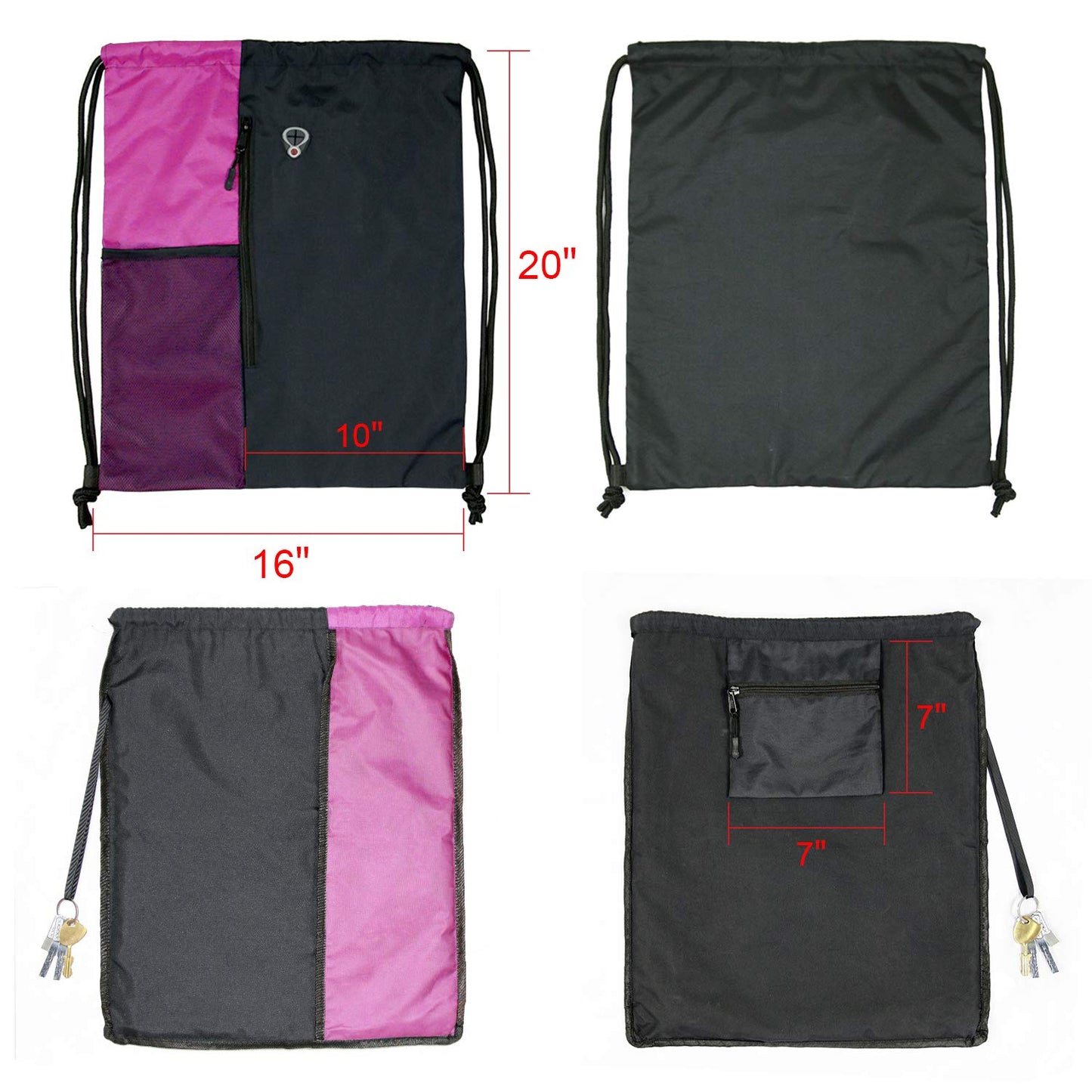 BeeGreen Sports Bag Drawstring Backpack With Water Bottle Pocket &Front Zippered Pocket Large String Bag Pack For Men Women
