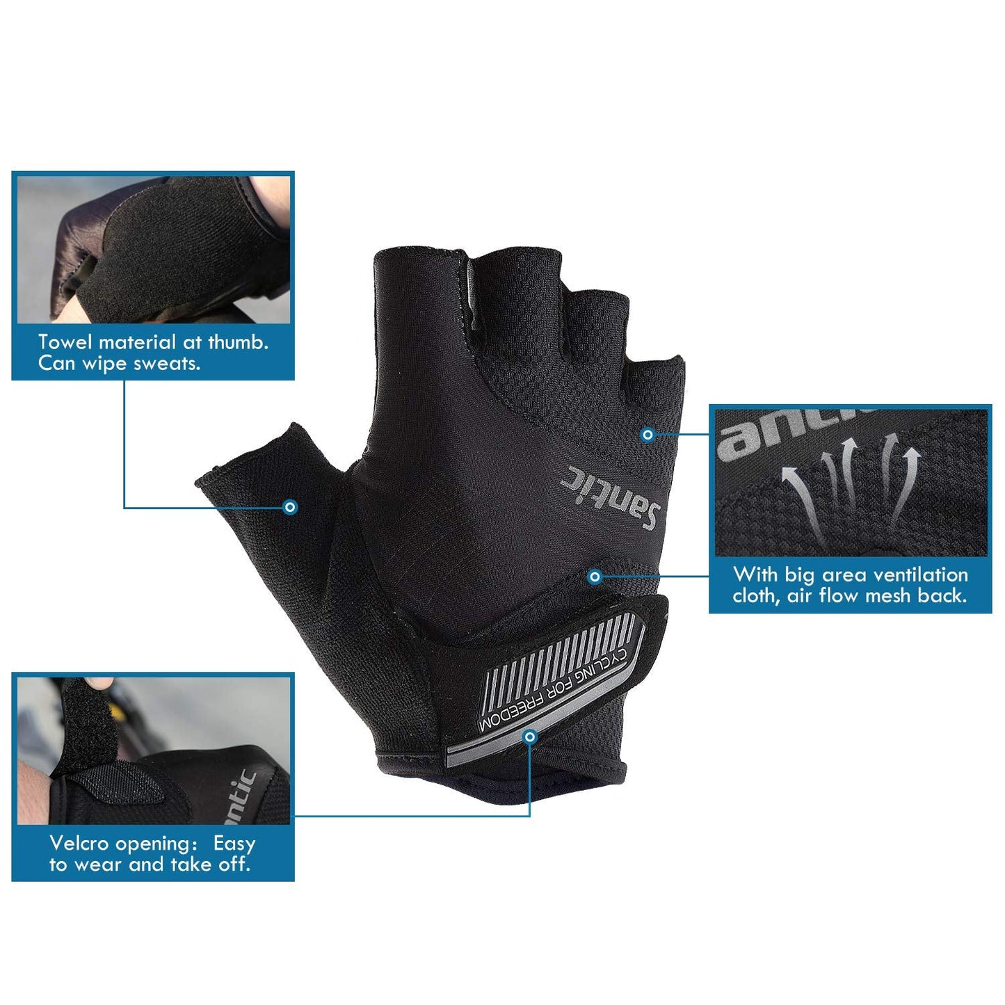 Santic Classic Fingerless Cycling Gloves with Shock-Absorbing Foam Pad Breathable Half Finger Moutain Bike Bicycle Riding Gloves for Men and Women Black S