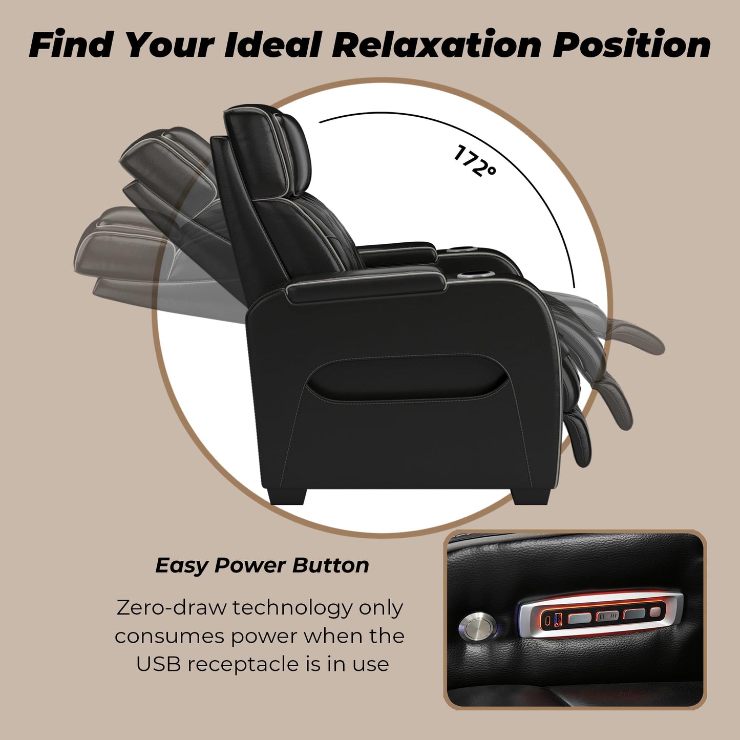 Signature Design by Ashley Boyington Contemporary Leather Match Power Recliner with Adjustable Headrest, Cup Holders, USB Port and Air Massage System, Black